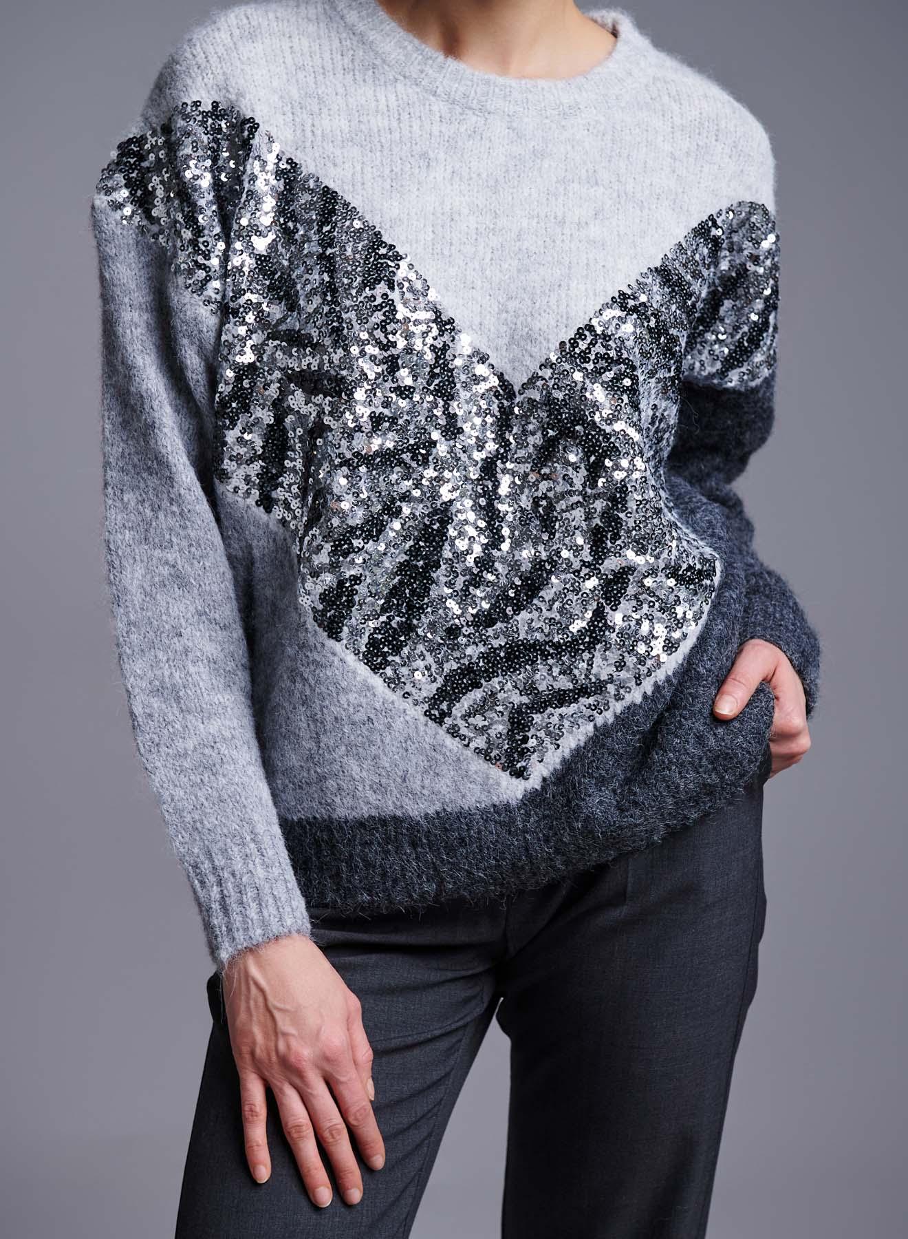 Grey-Dark Grey Sweater with round neckline and with sequins Bluoltre - 5