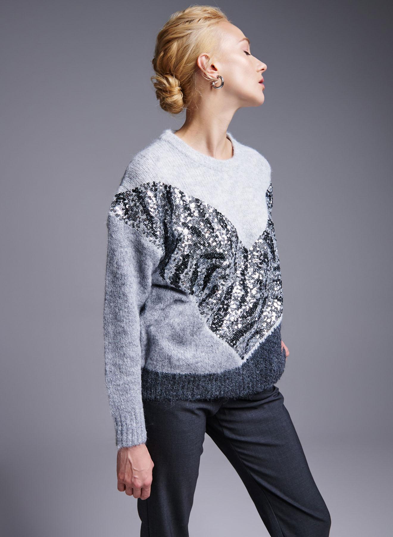 Grey-Dark Grey Sweater with round neckline and with sequins Bluoltre - 1