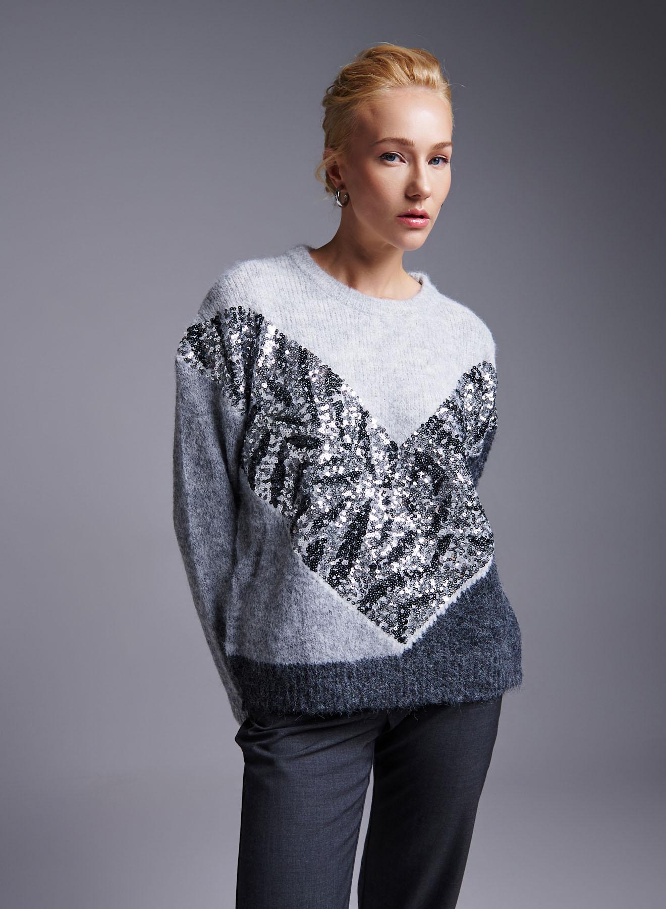 Grey-Dark Grey Sweater with round neckline and with sequins Bluoltre - 3