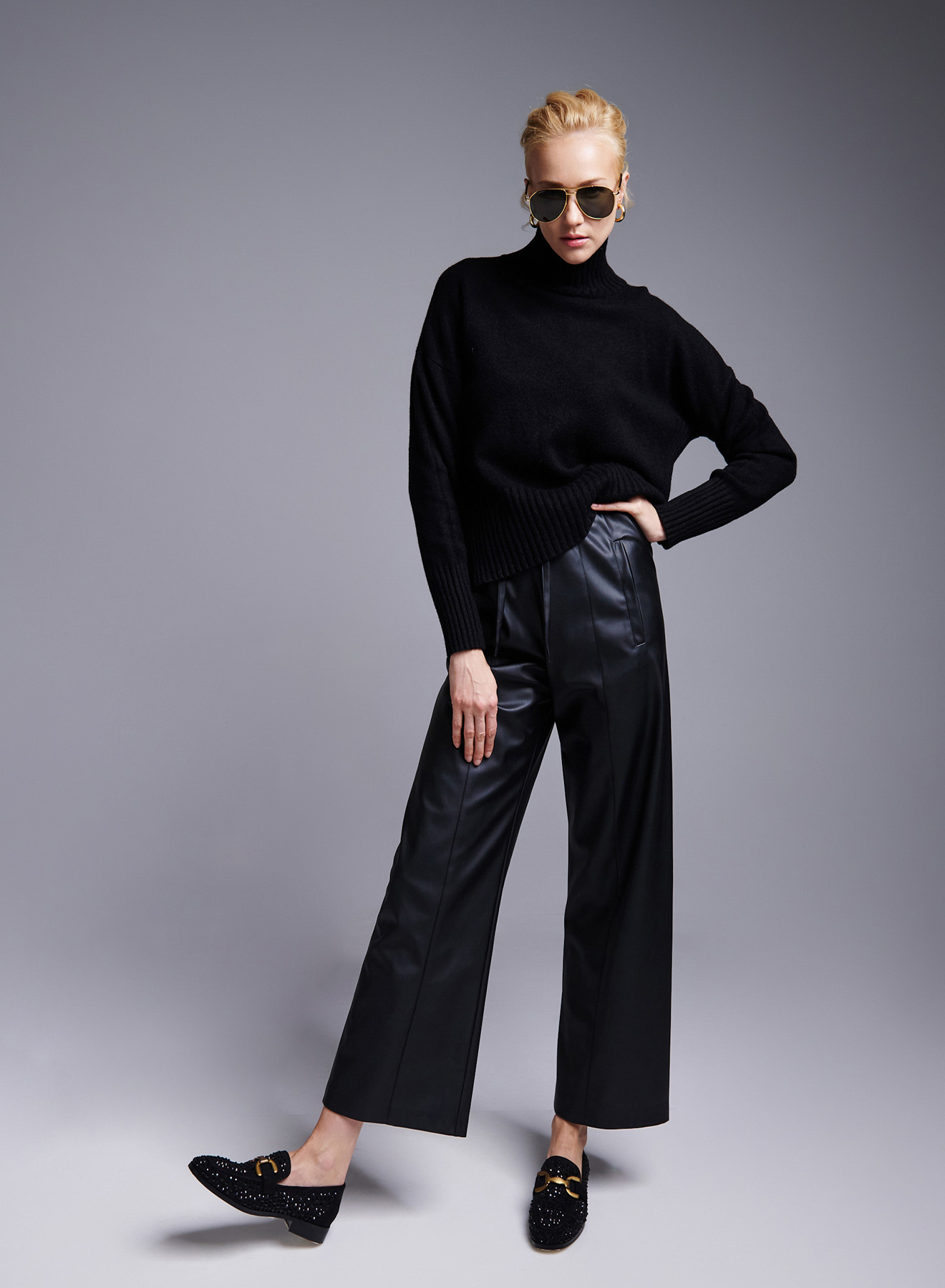 Black wide legs, eco leather Trousers with drawstring Milla - 0