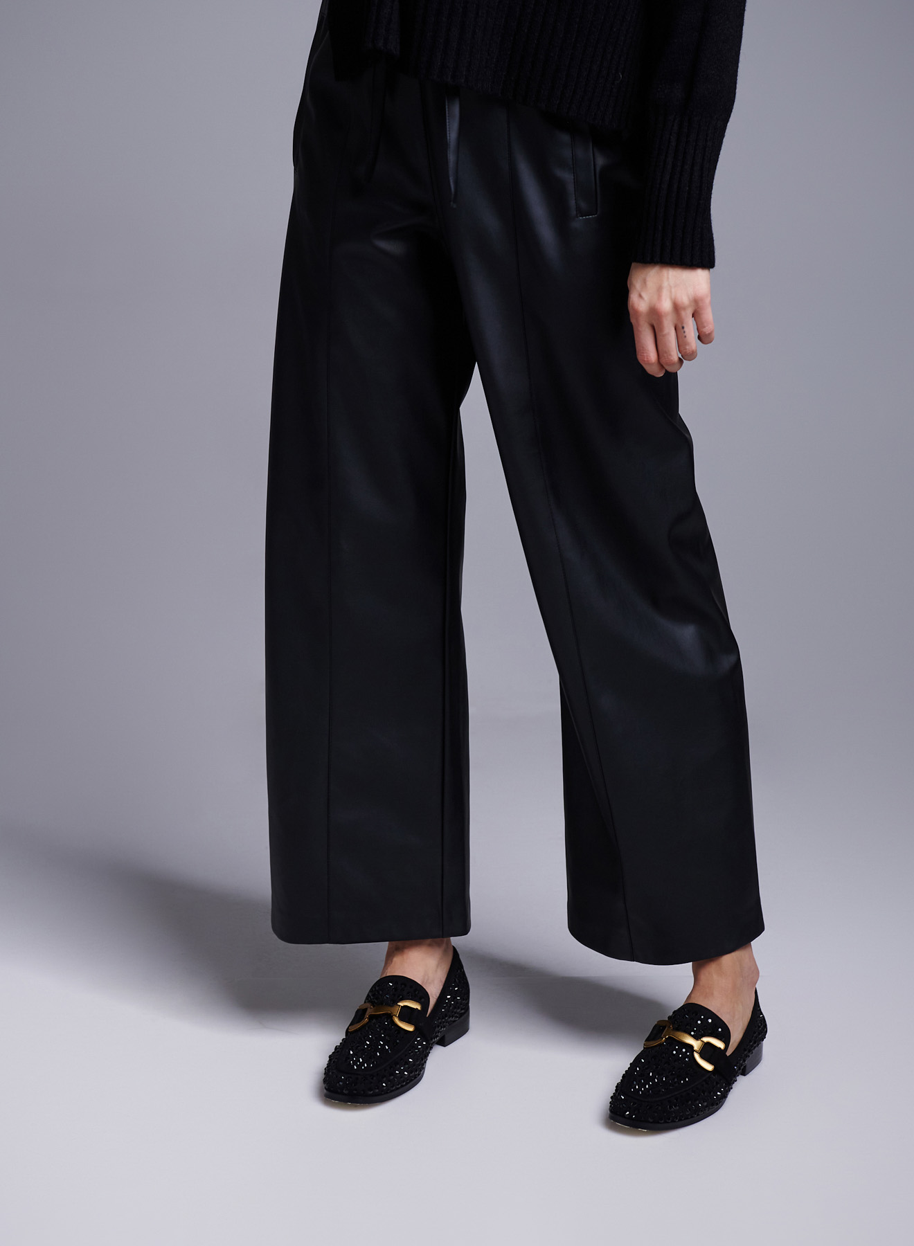 Black wide legs, eco leather Trousers with drawstring Milla - 2