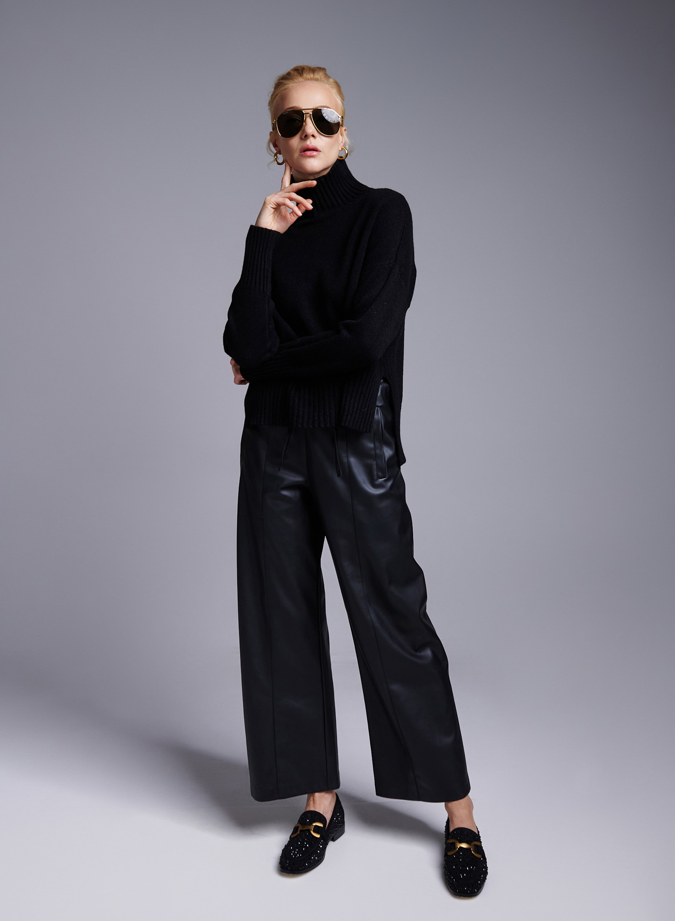 Black wide legs, eco leather Trousers with drawstring Milla - 3