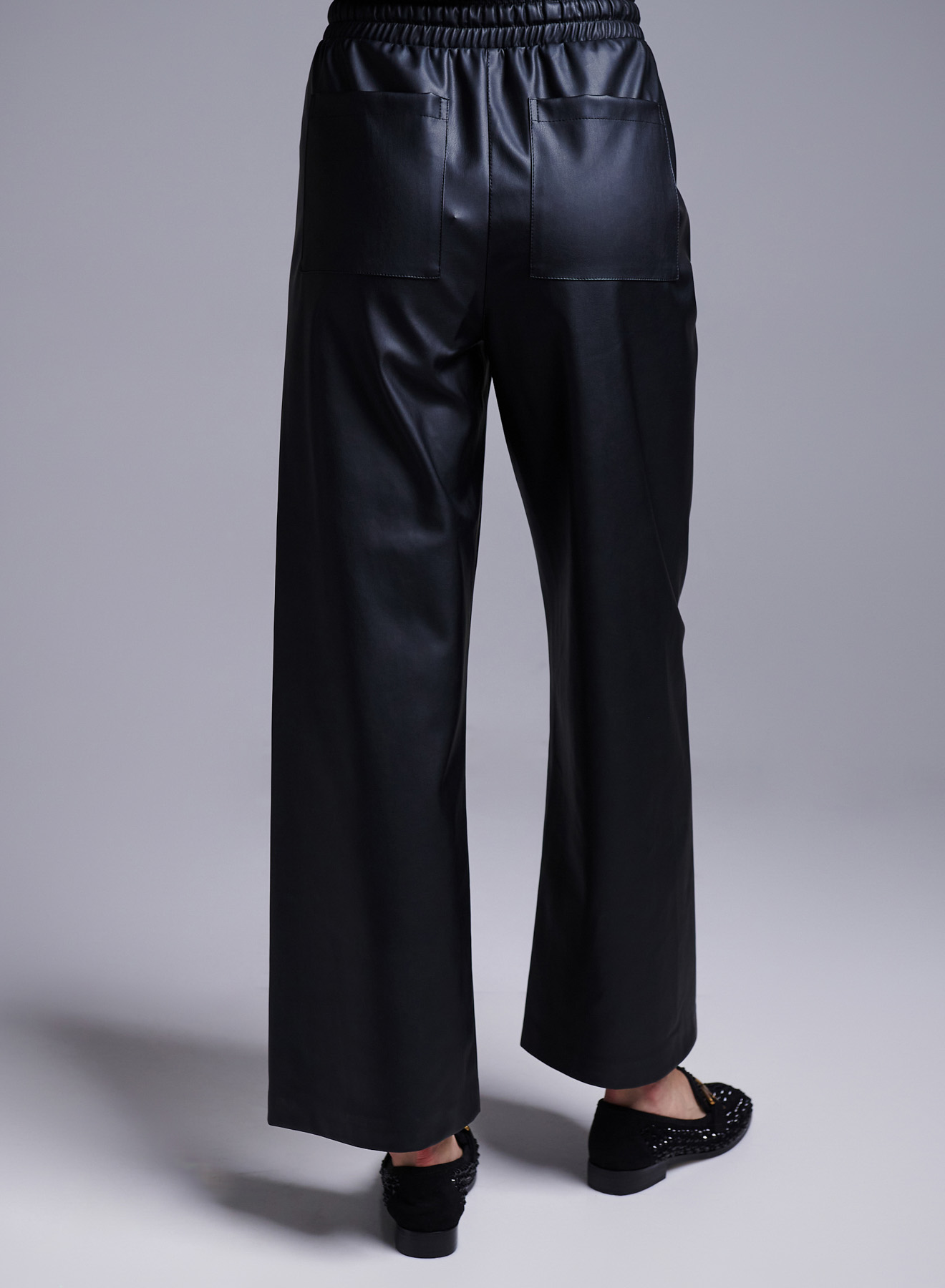 Black wide legs, eco leather Trousers with drawstring Milla - 4