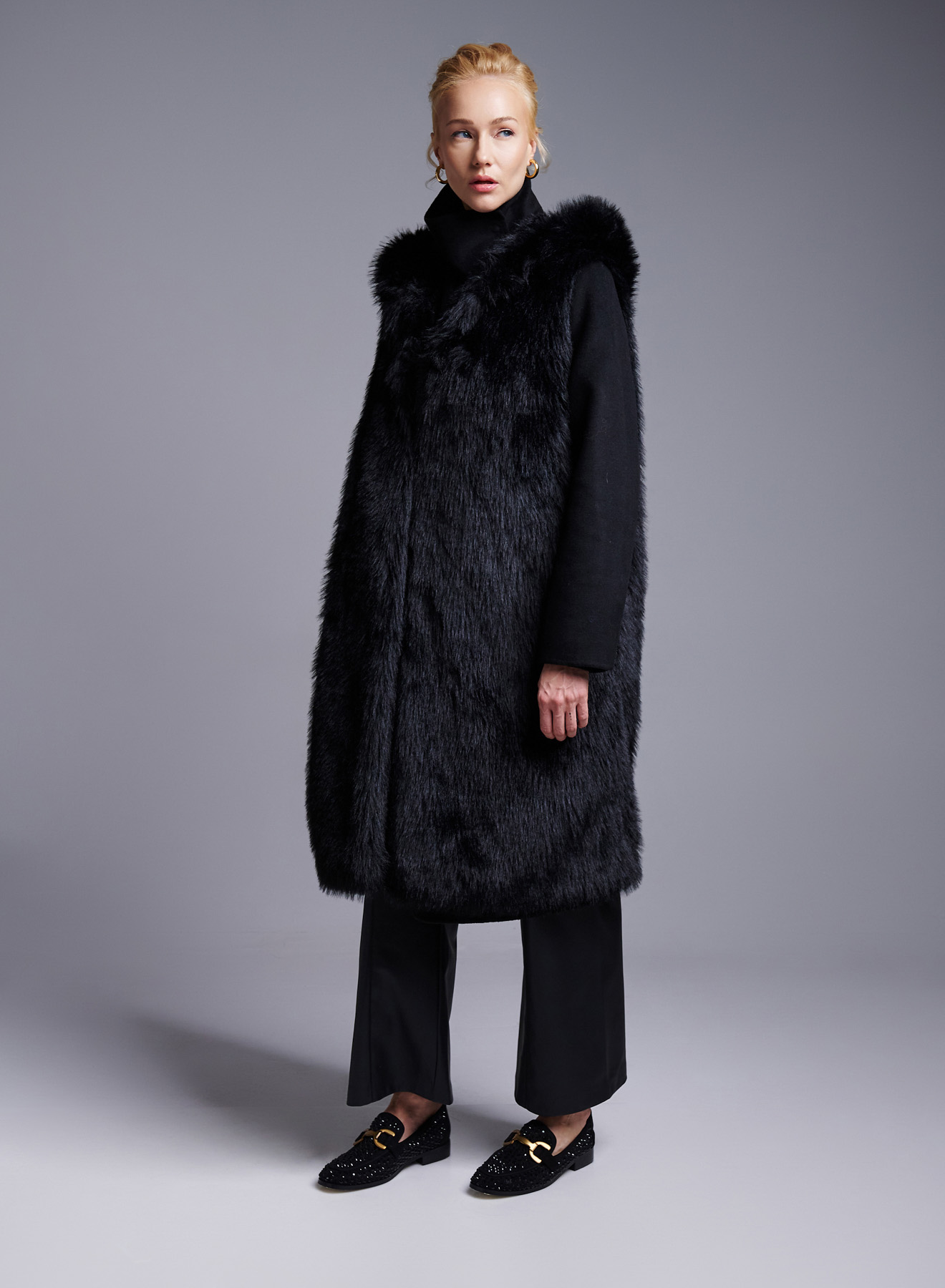 Black Coat with detachable eco fur Vest Vicolo - 1