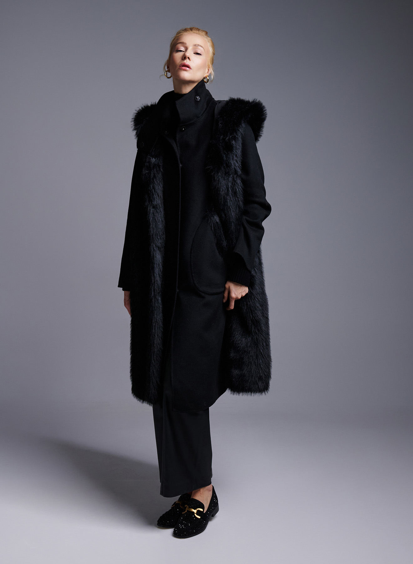 Black Coat with detachable eco fur Vest Vicolo - 2