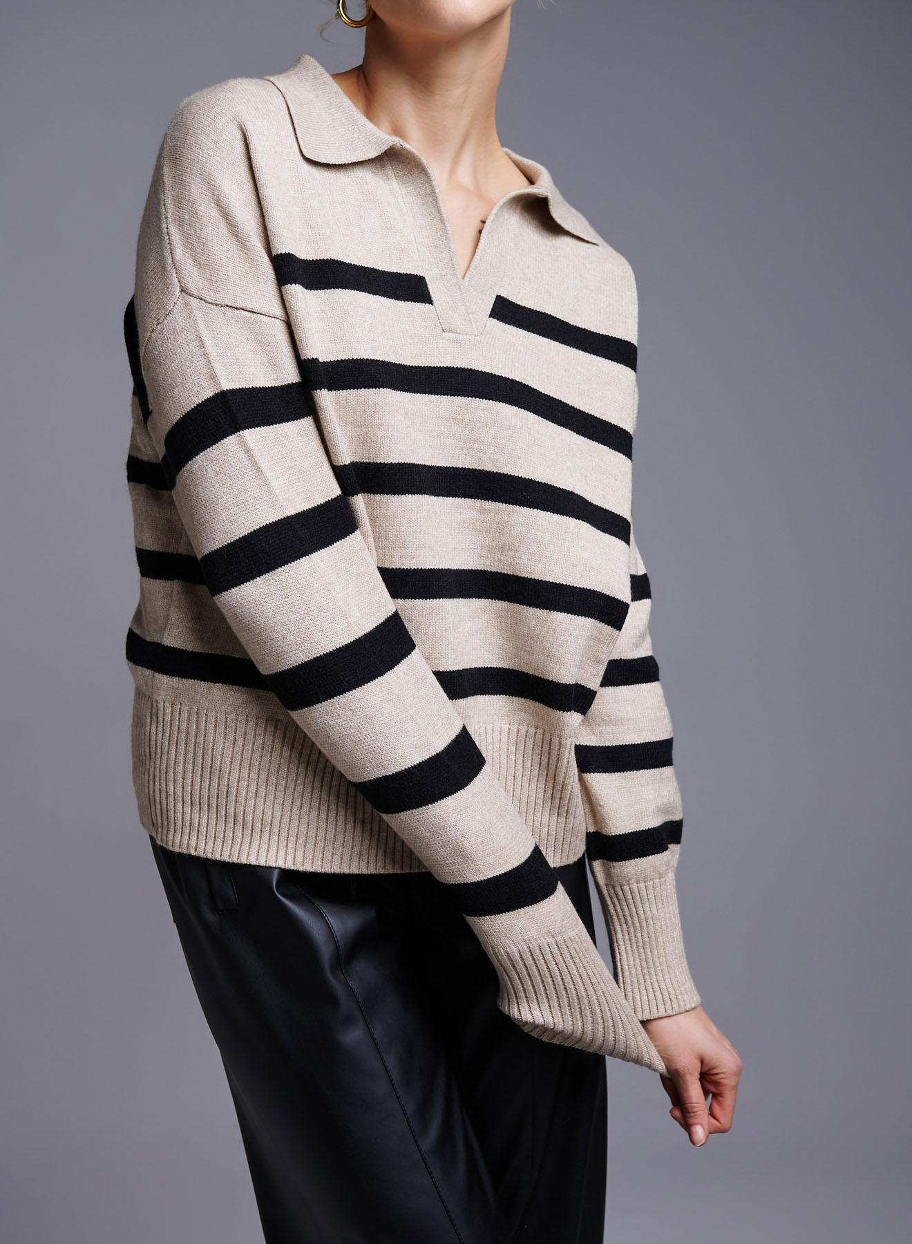 Beige-Black striped Sweater with lapel and V neckline Melody - 3