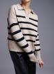 Beige-Black striped Sweater with lapel and V neckline Melody - 2