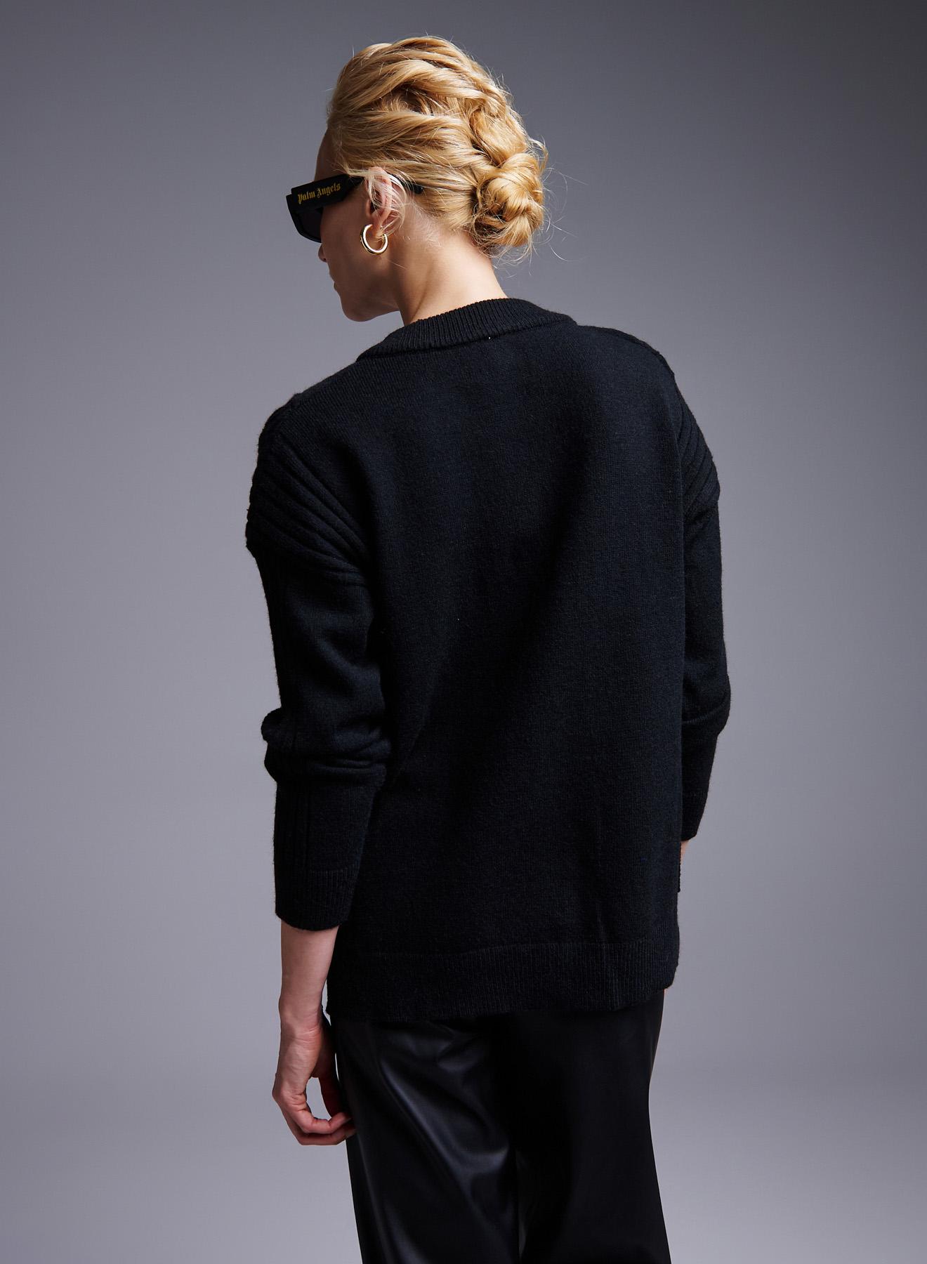 Black Sweater with V neckline, textured details and side slits Deep Pink - 3