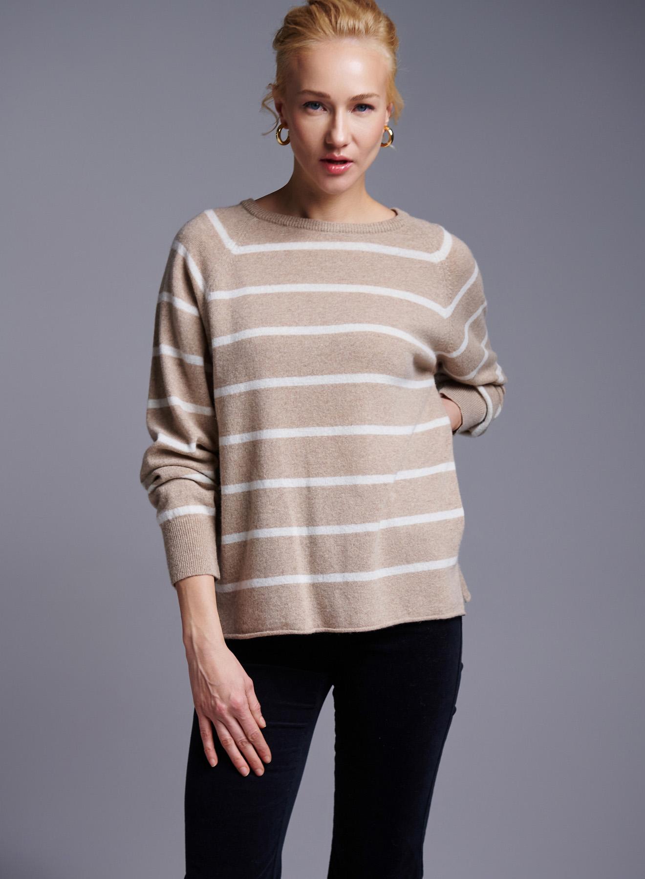 Beige-White striped Sweater with round neckline Cashmere Blend - 1