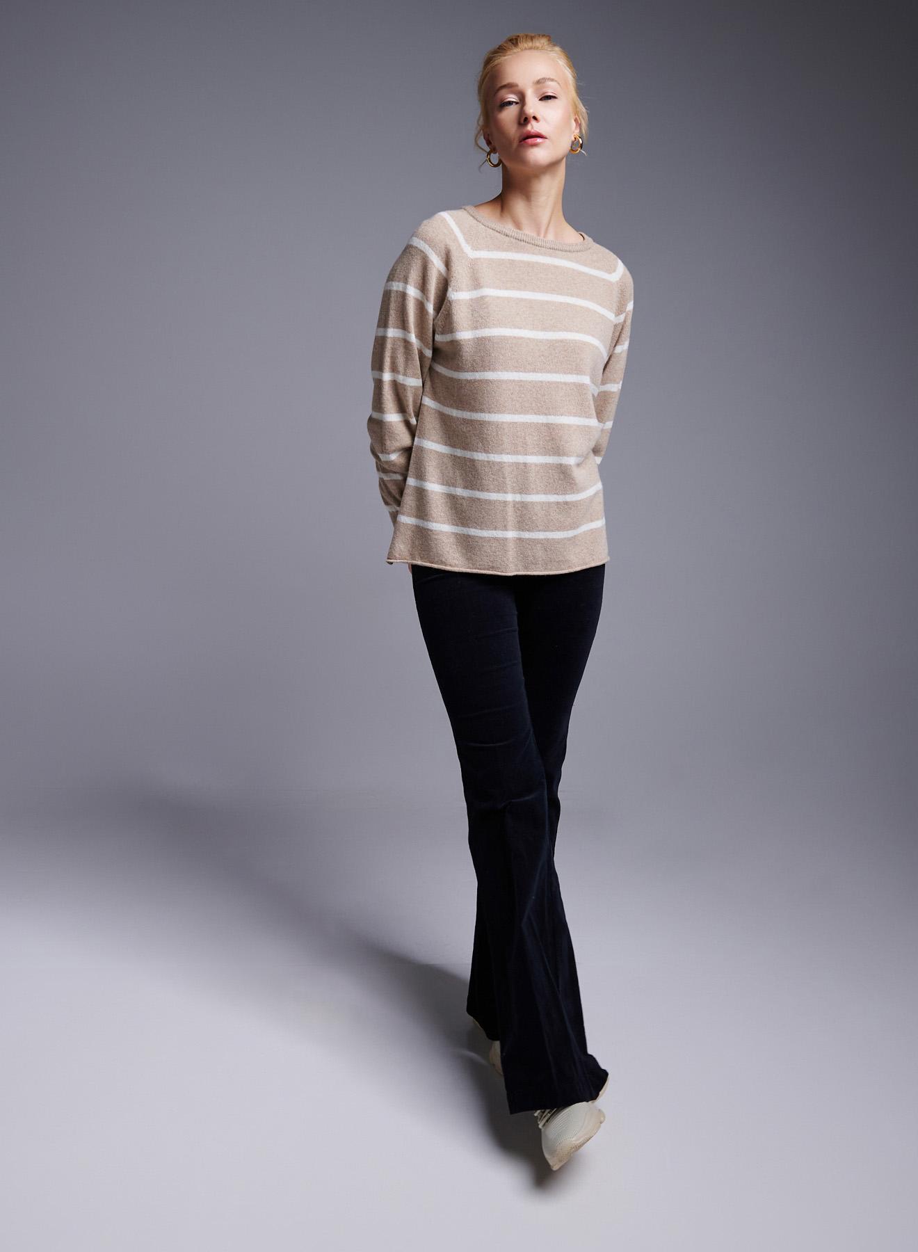 Beige-White striped Sweater with round neckline Cashmere Blend - 2