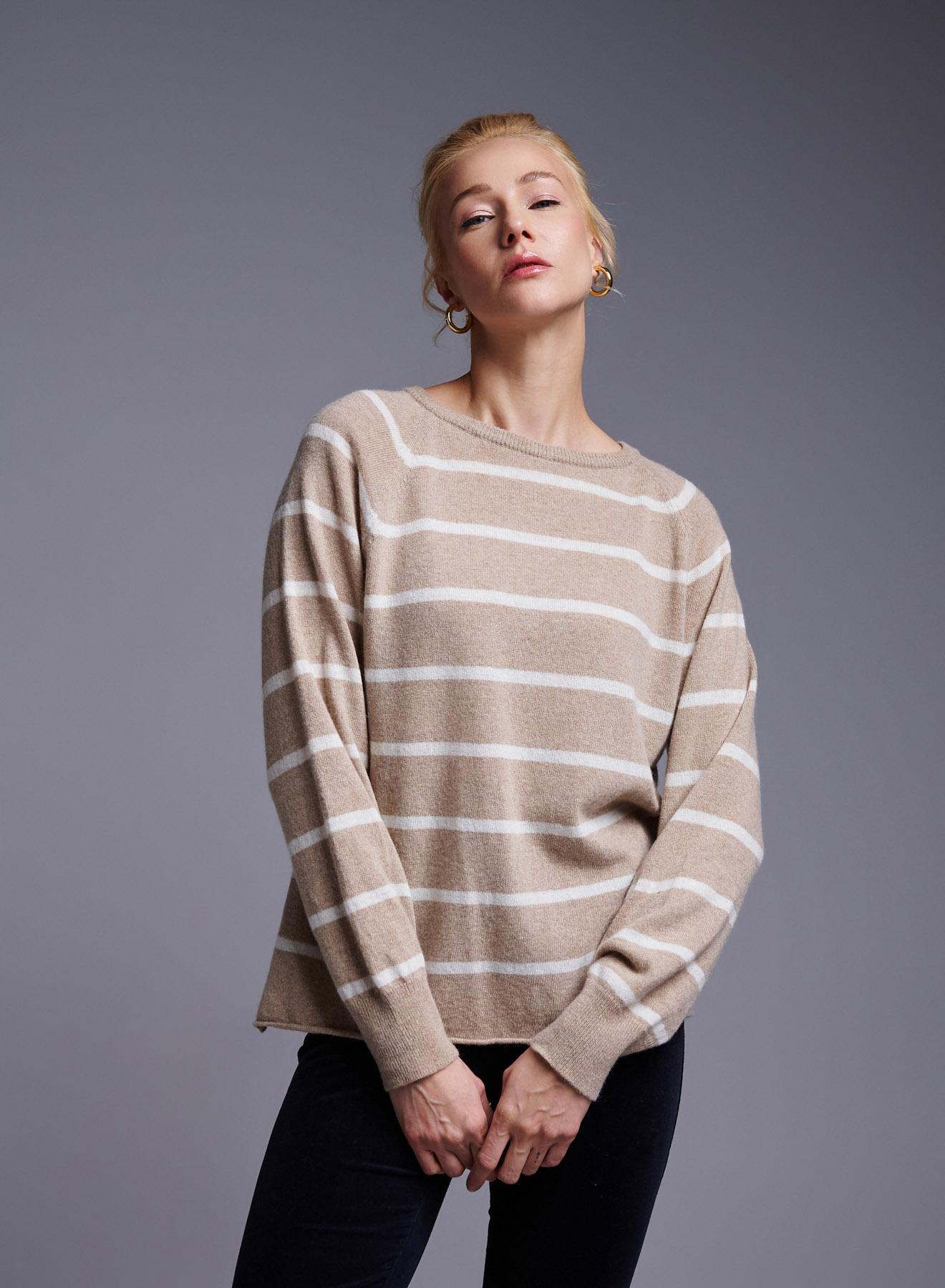 Beige-White striped Sweater with round neckline Cashmere Blend - 3