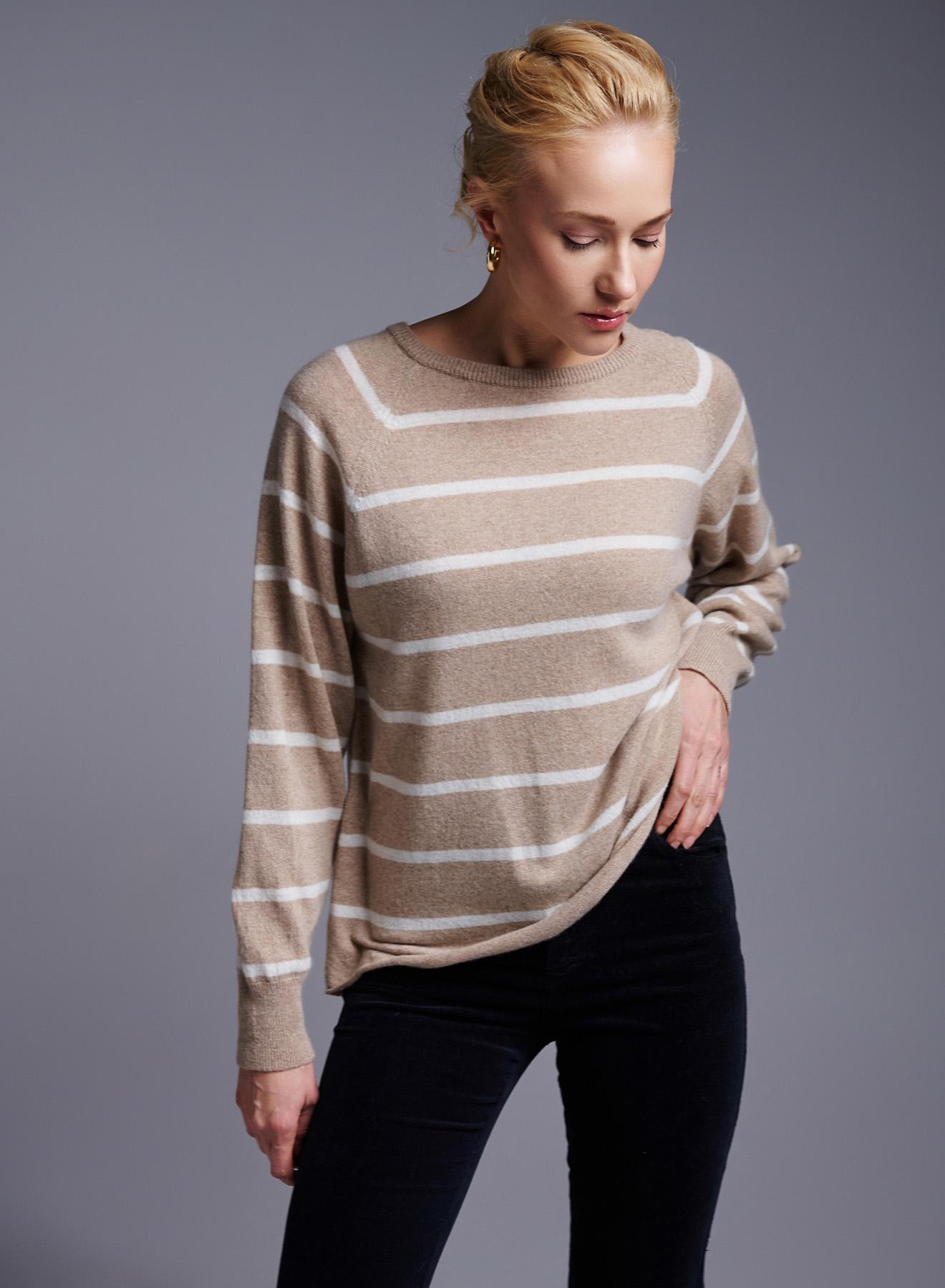 Beige-White striped Sweater with round neckline Cashmere Blend - 4