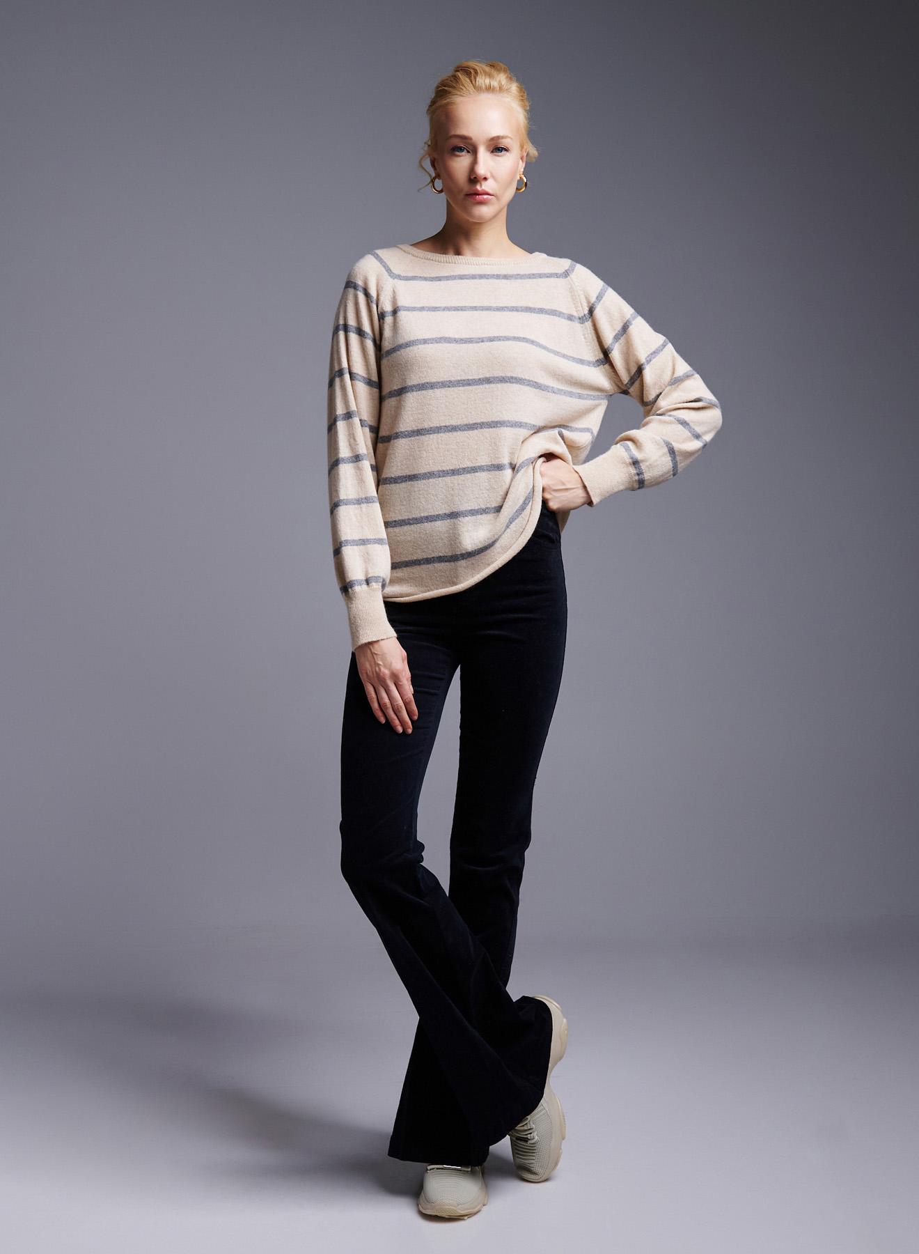 Beige-Grey striped Sweater with round neckline Cashmere Blend - 2