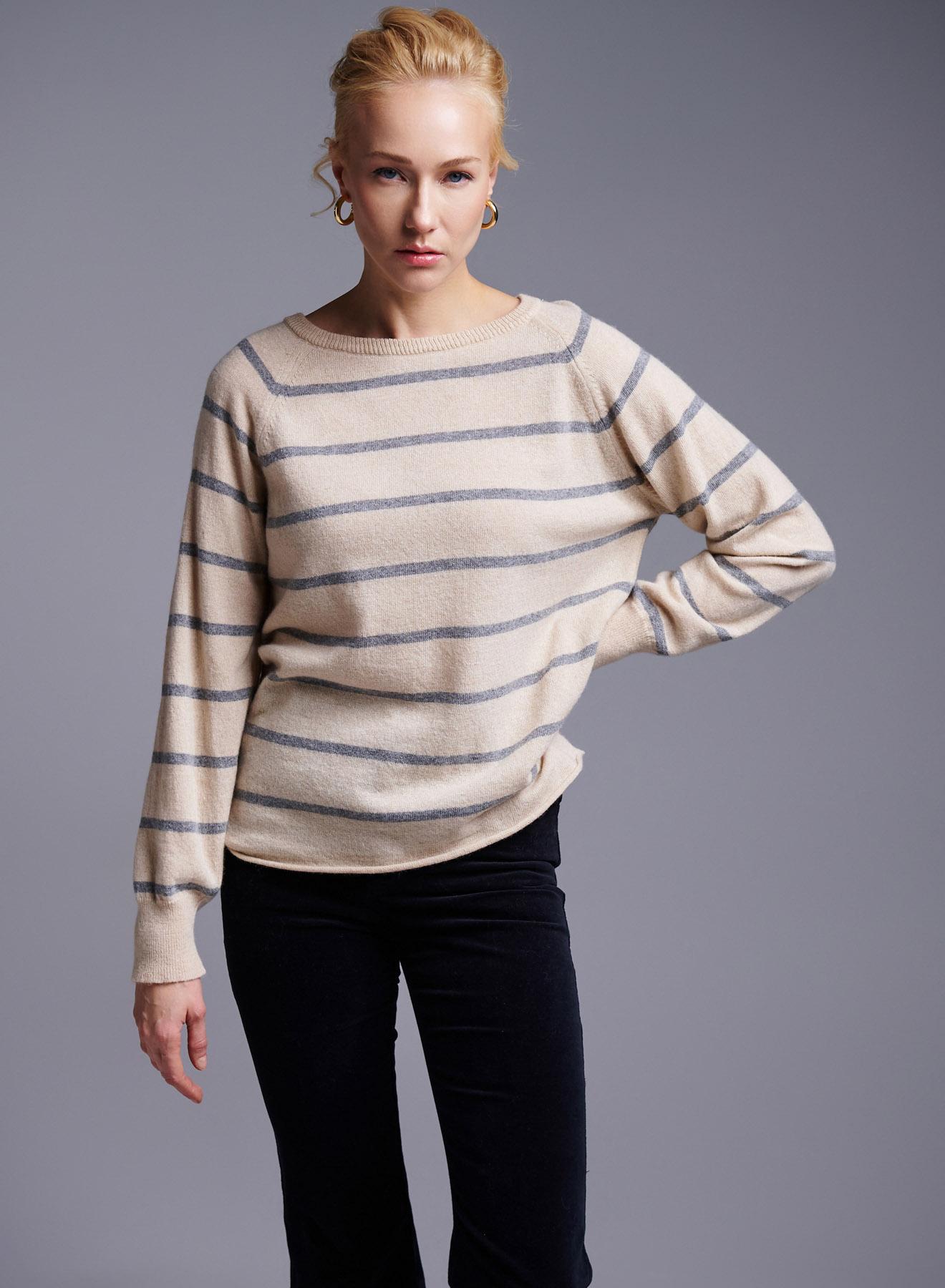 Beige-Grey striped Sweater with round neckline Cashmere Blend - 1