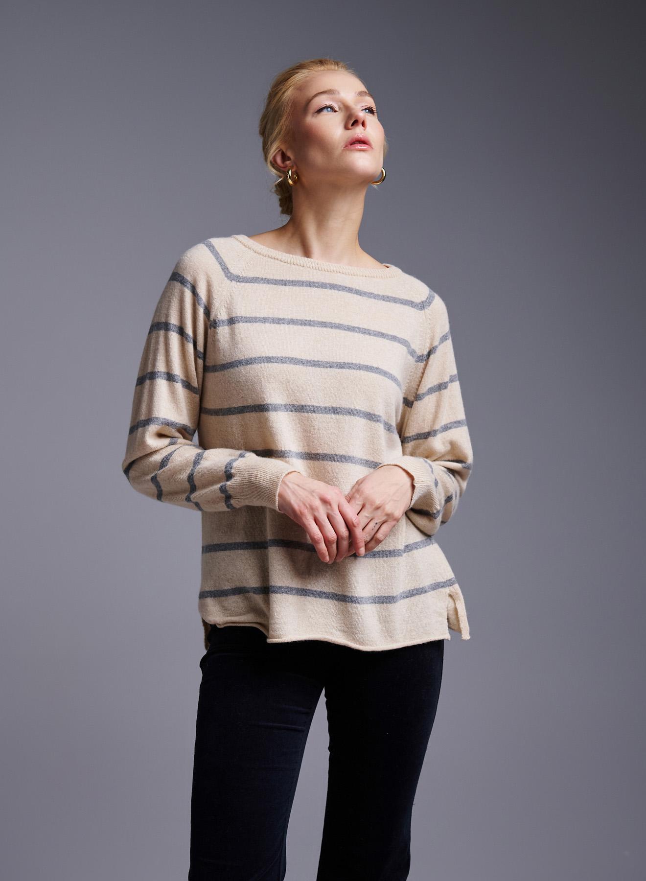 Beige-Grey striped Sweater with round neckline Cashmere Blend - 3