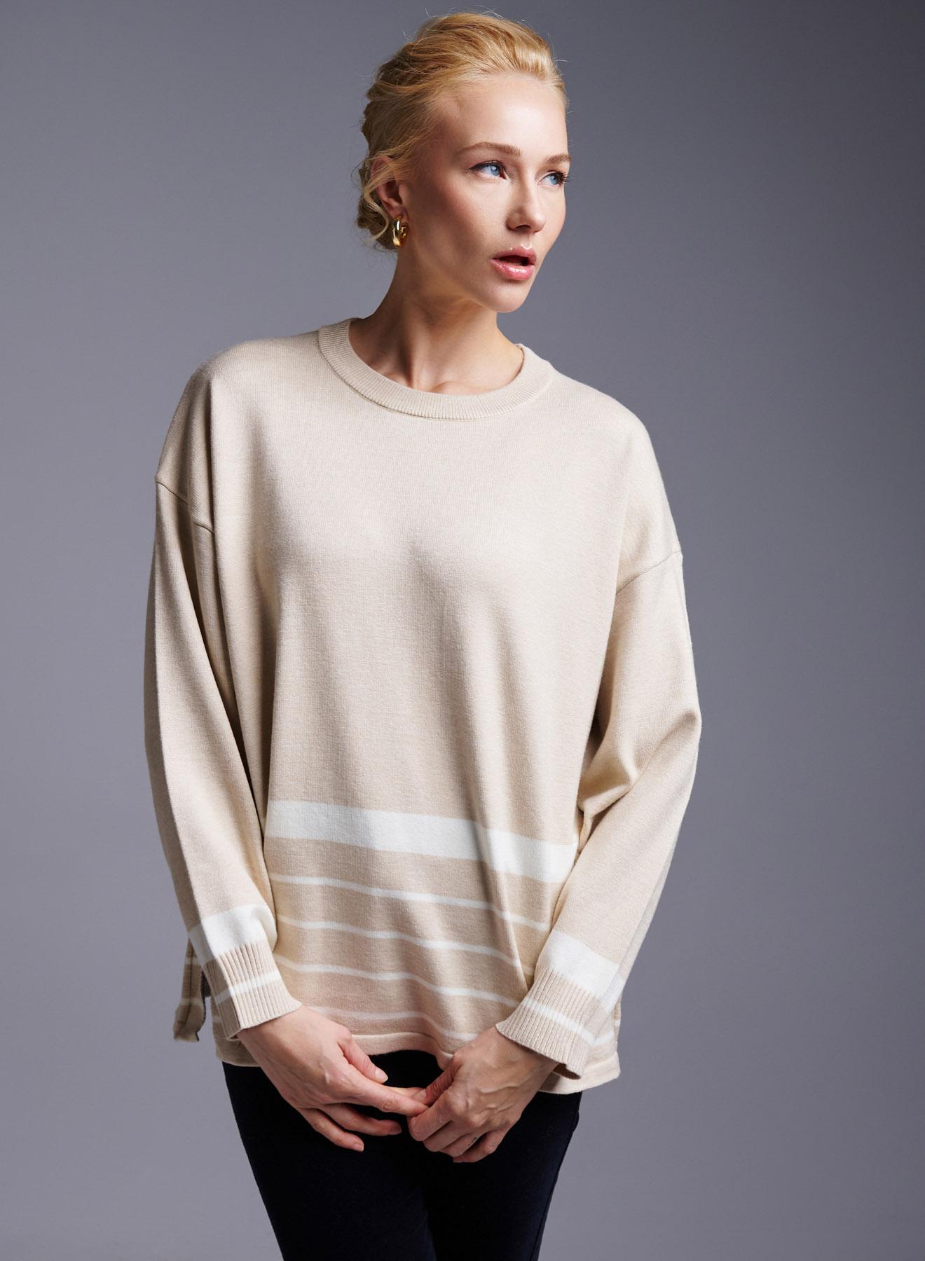 Beige-White Sweater with stripes Finery - 2