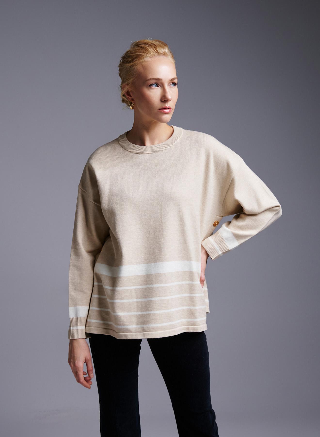 Beige-White Sweater with stripes Finery - 1