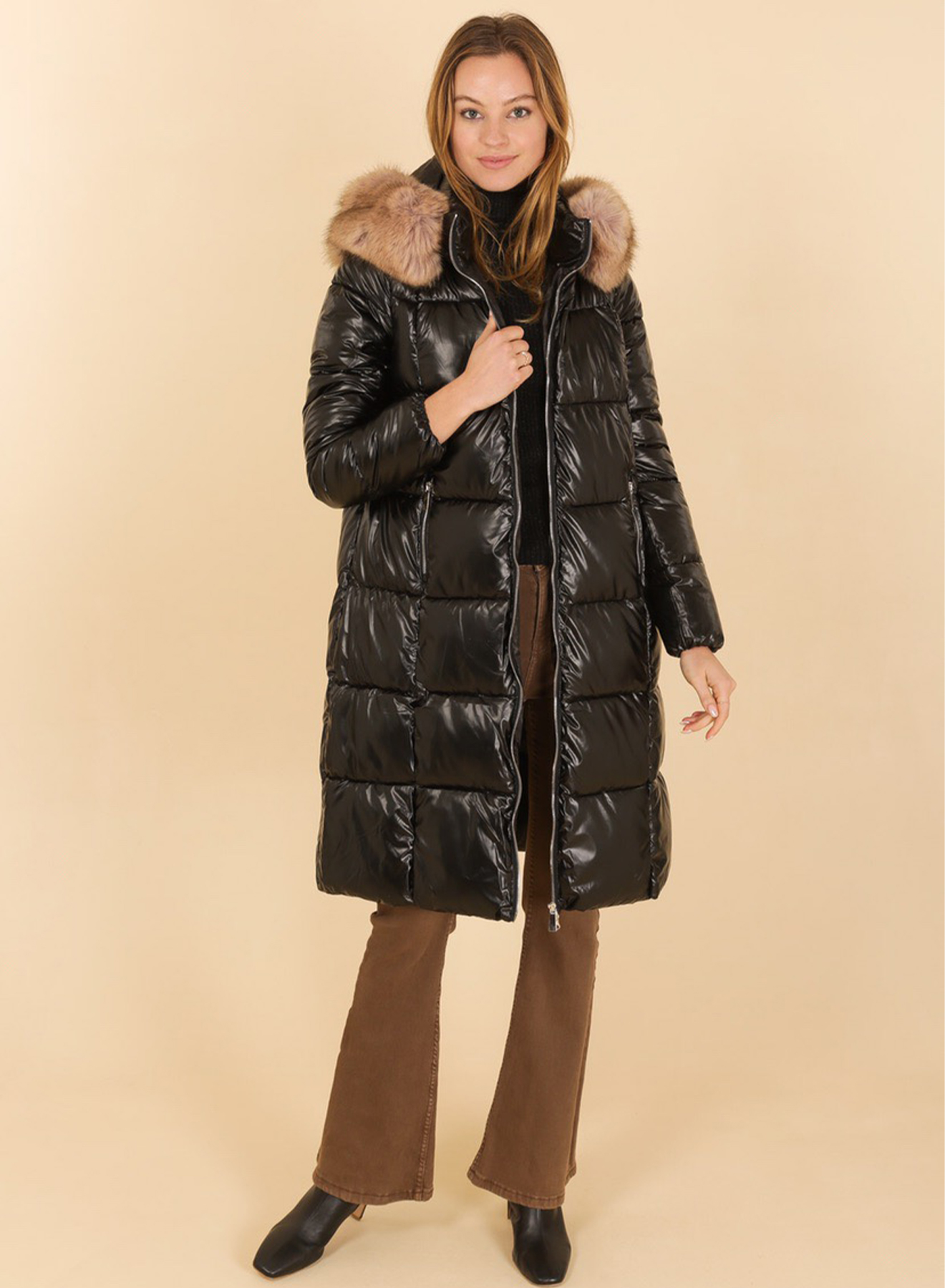 Long puffer jacket with detachable hood with detachable eco fur - 0