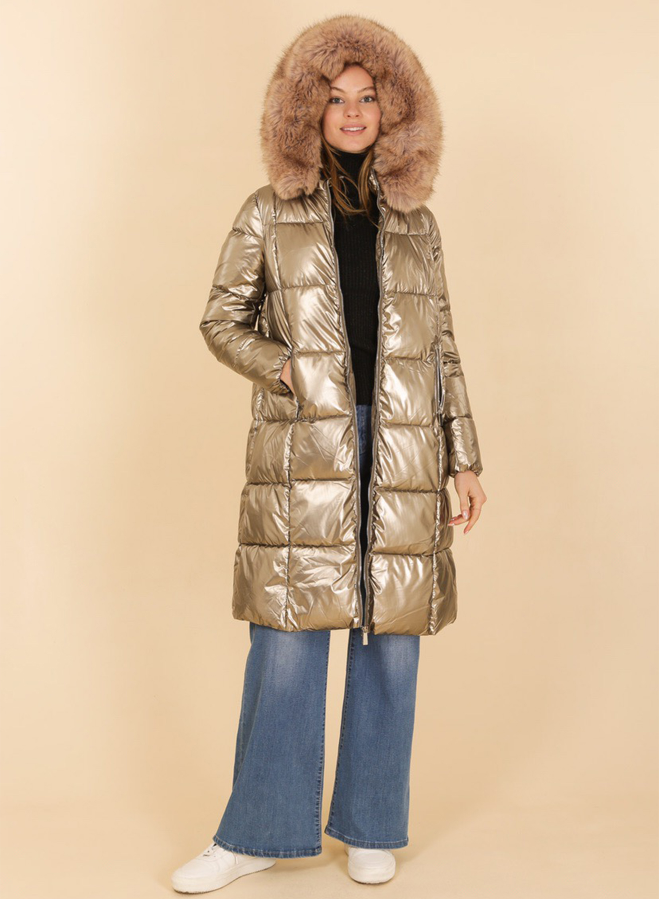 Long puffer jacket with detachable hood with detachable eco fur - 0