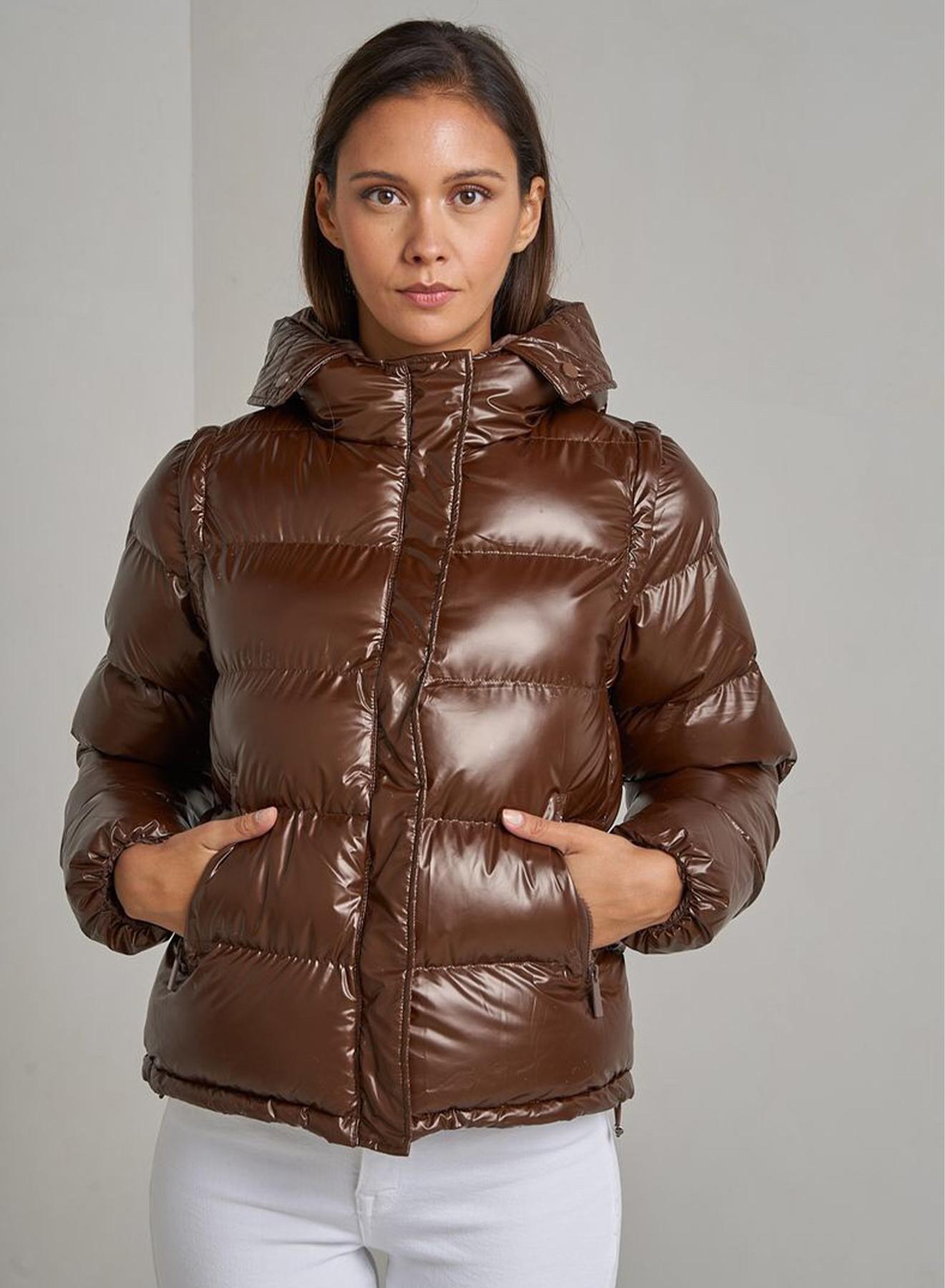 Hooded puffer jacket with removable sleeves - 1