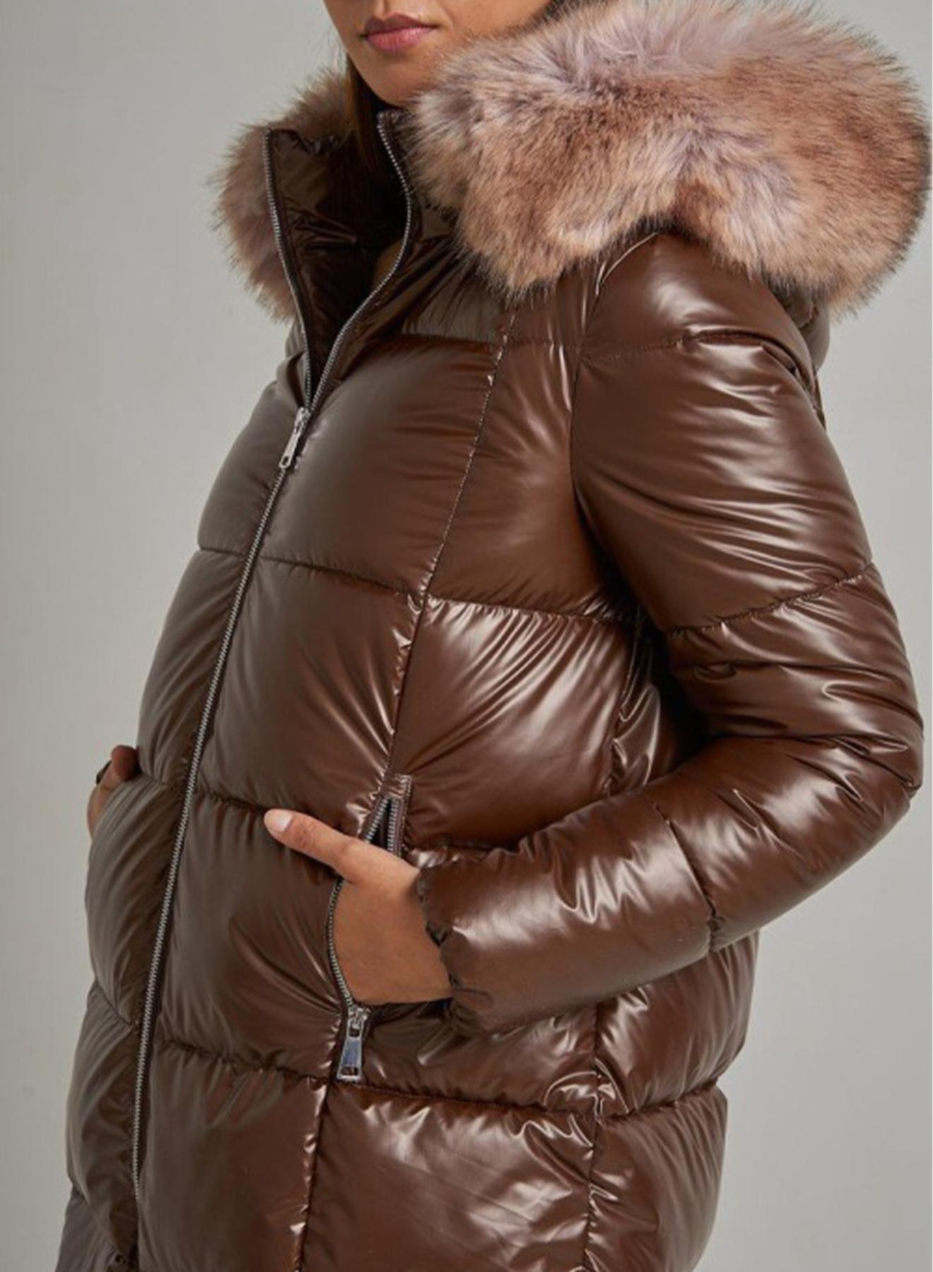 Long puffer jacket with detachable hood with detachable eco fur - 2