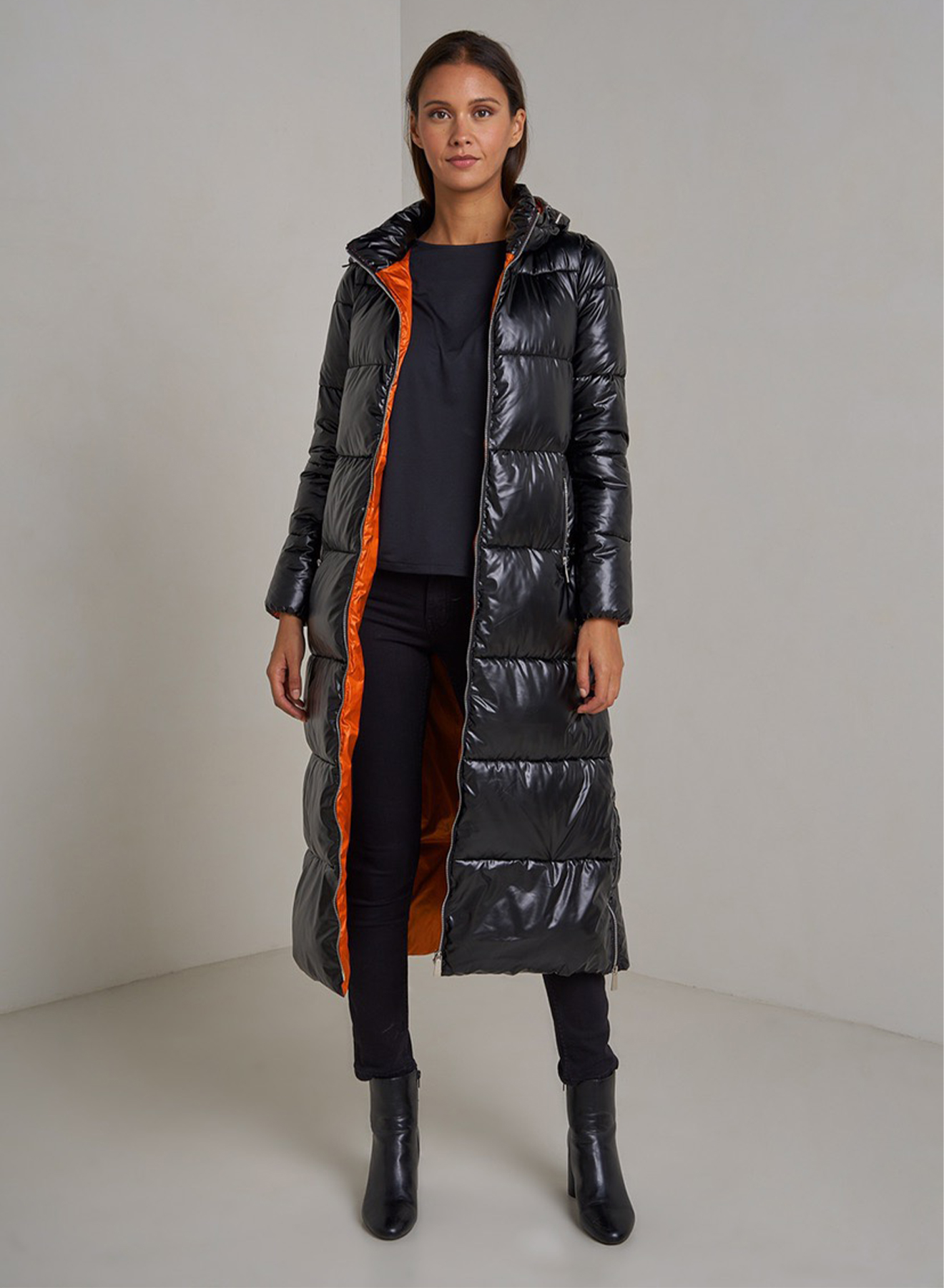 Hooded long puffer jacket with zip on the side - 2