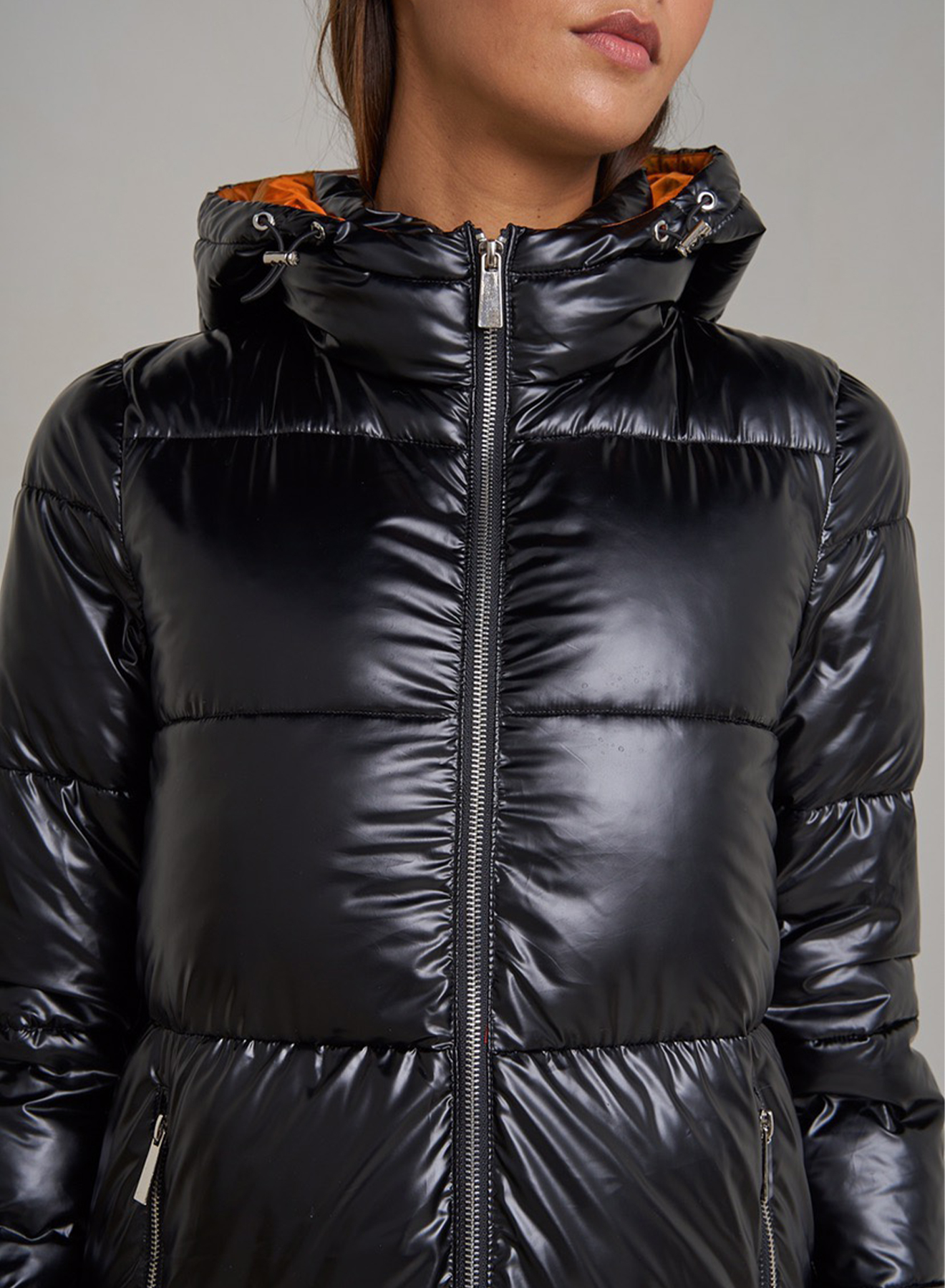 Hooded long puffer jacket with zip on the side - 1