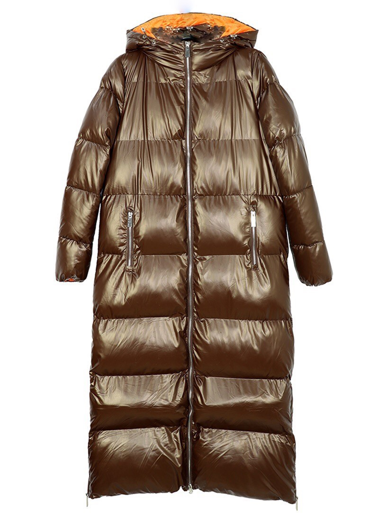 Hooded long puffer jacket with zip on the side - 0