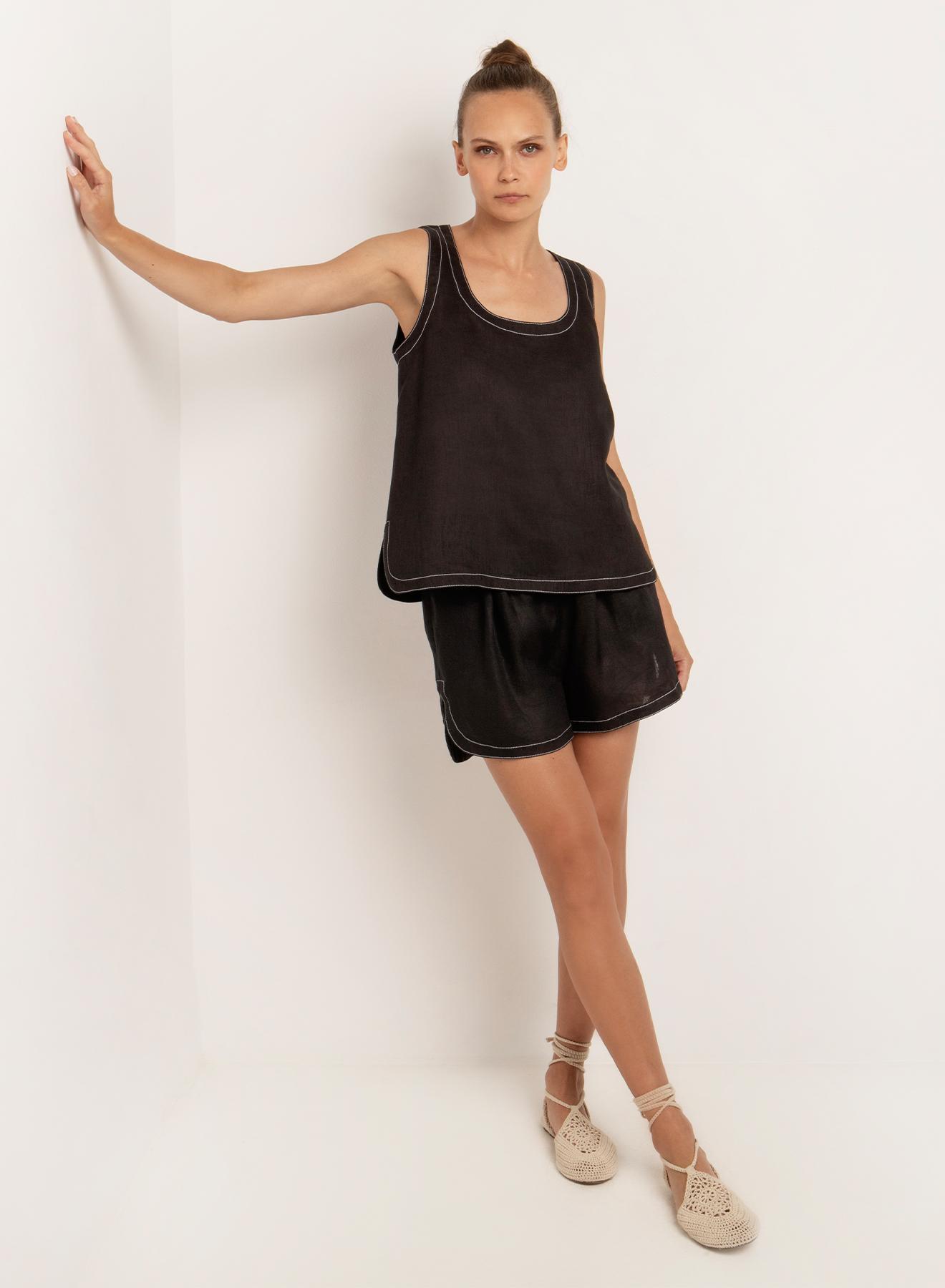 Black Linen stich Shorts with rubber waistband ties with cord Greek Archaic Kori  - 1