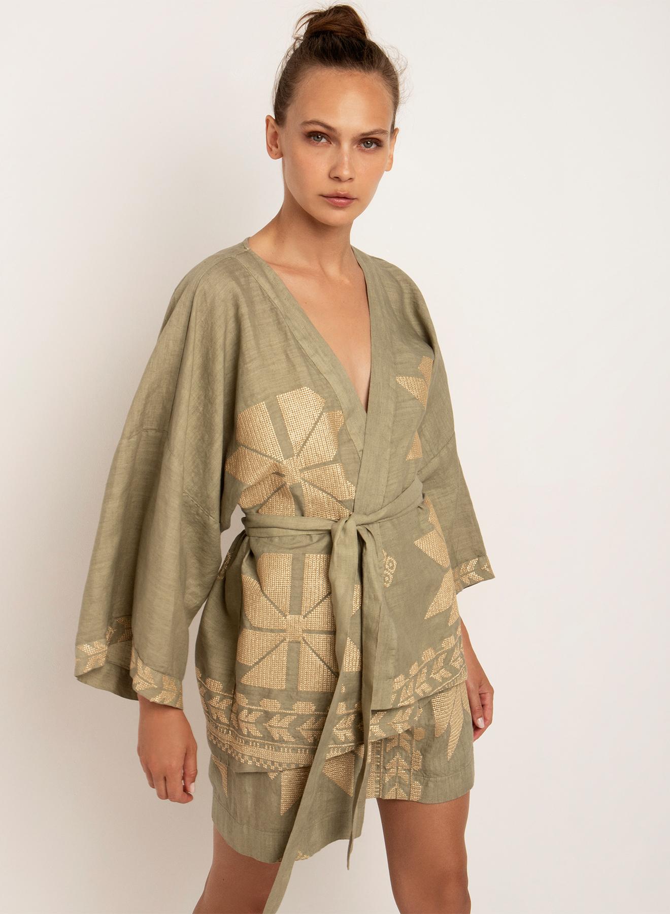 Tea-Gold linen Kimono AEOLIS Greek Archaic Kori - 2