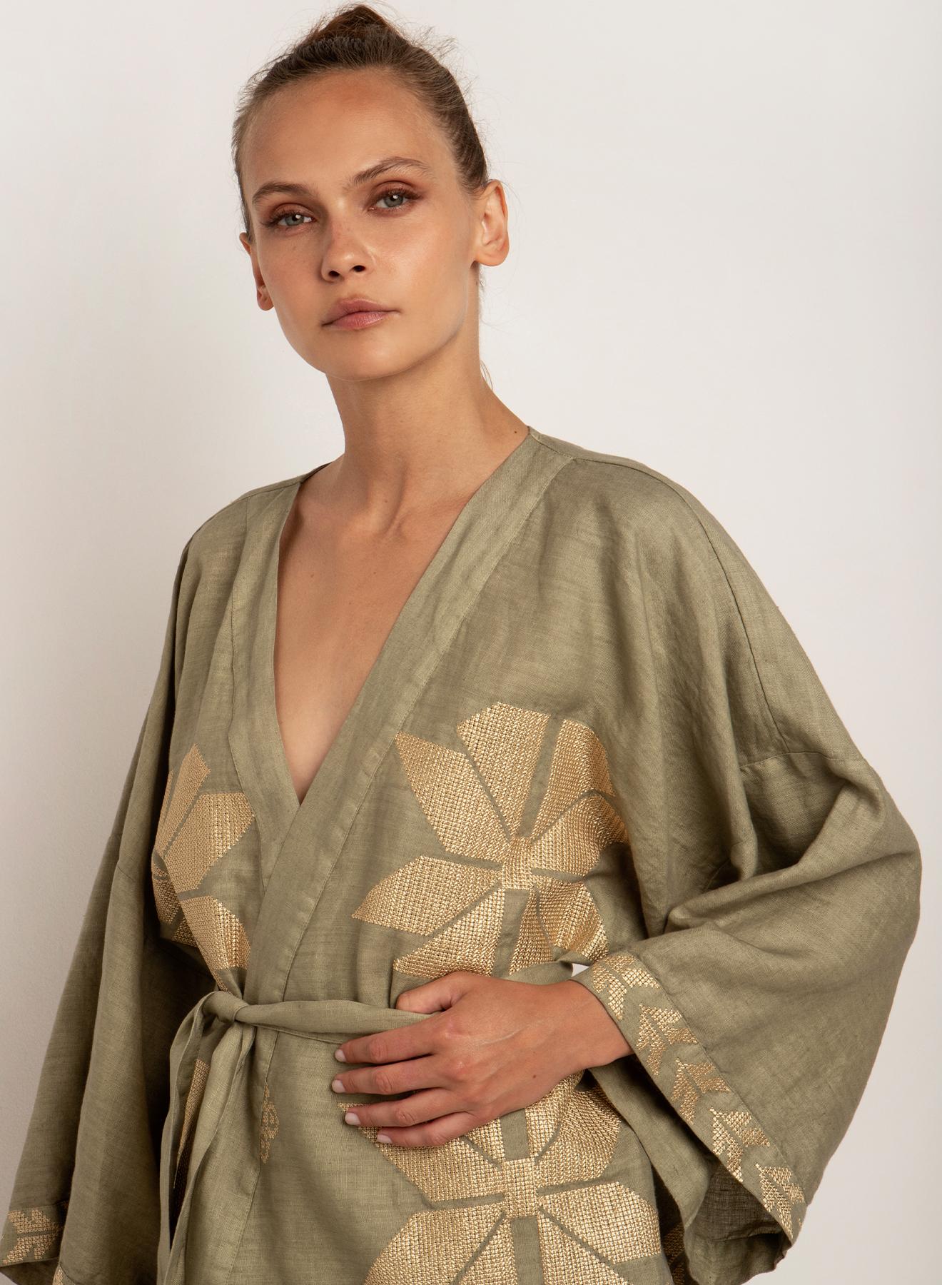 Tea-Gold linen Kimono AEOLIS Greek Archaic Kori - 1