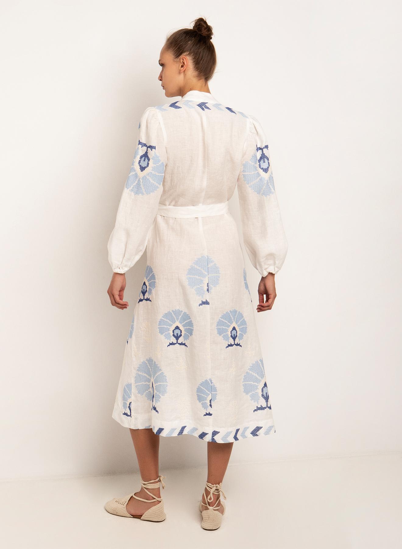 Λευκό-Μπλε μακρύ λινό Φόρεμα παγώνια Greek Archaic Kori - 3
