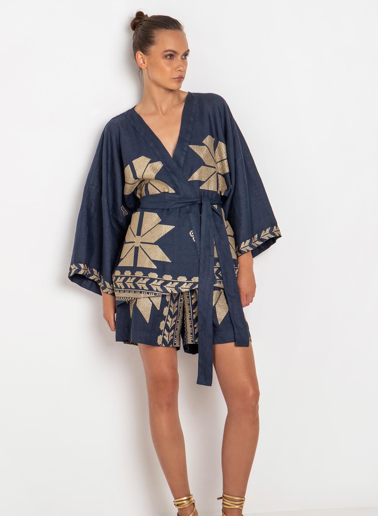 Navy Blue-Gold linen Kimono AEOLIS Greek Archaic Kori - 4