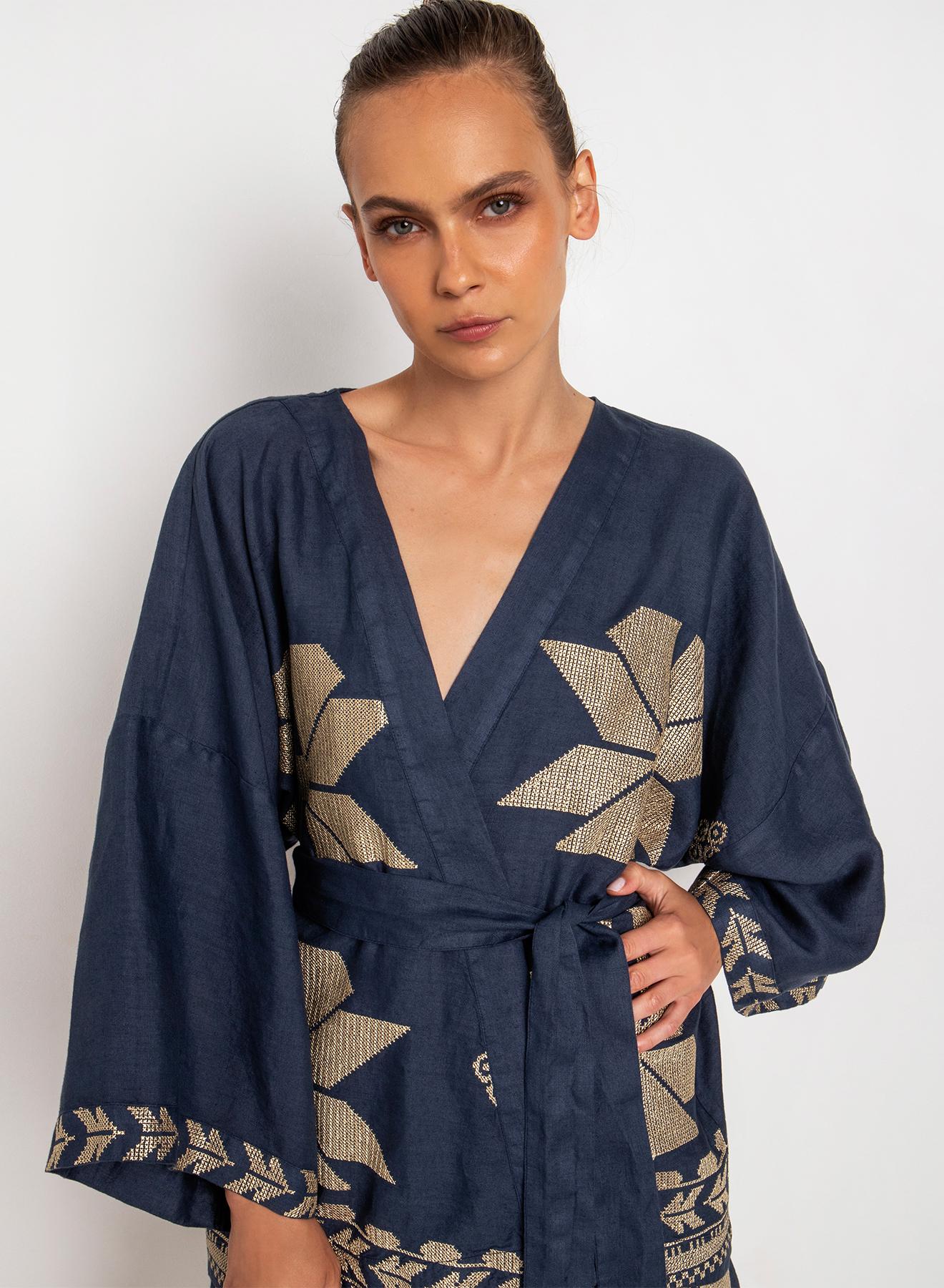 Navy Blue-Gold linen Kimono AEOLIS Greek Archaic Kori - 1