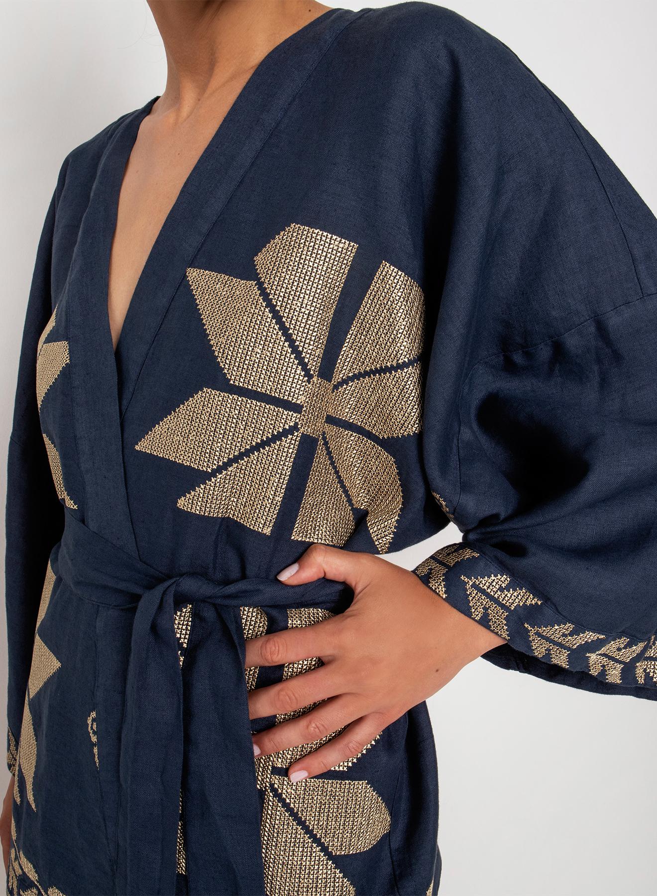 Navy Blue-Gold linen Kimono AEOLIS Greek Archaic Kori - 2