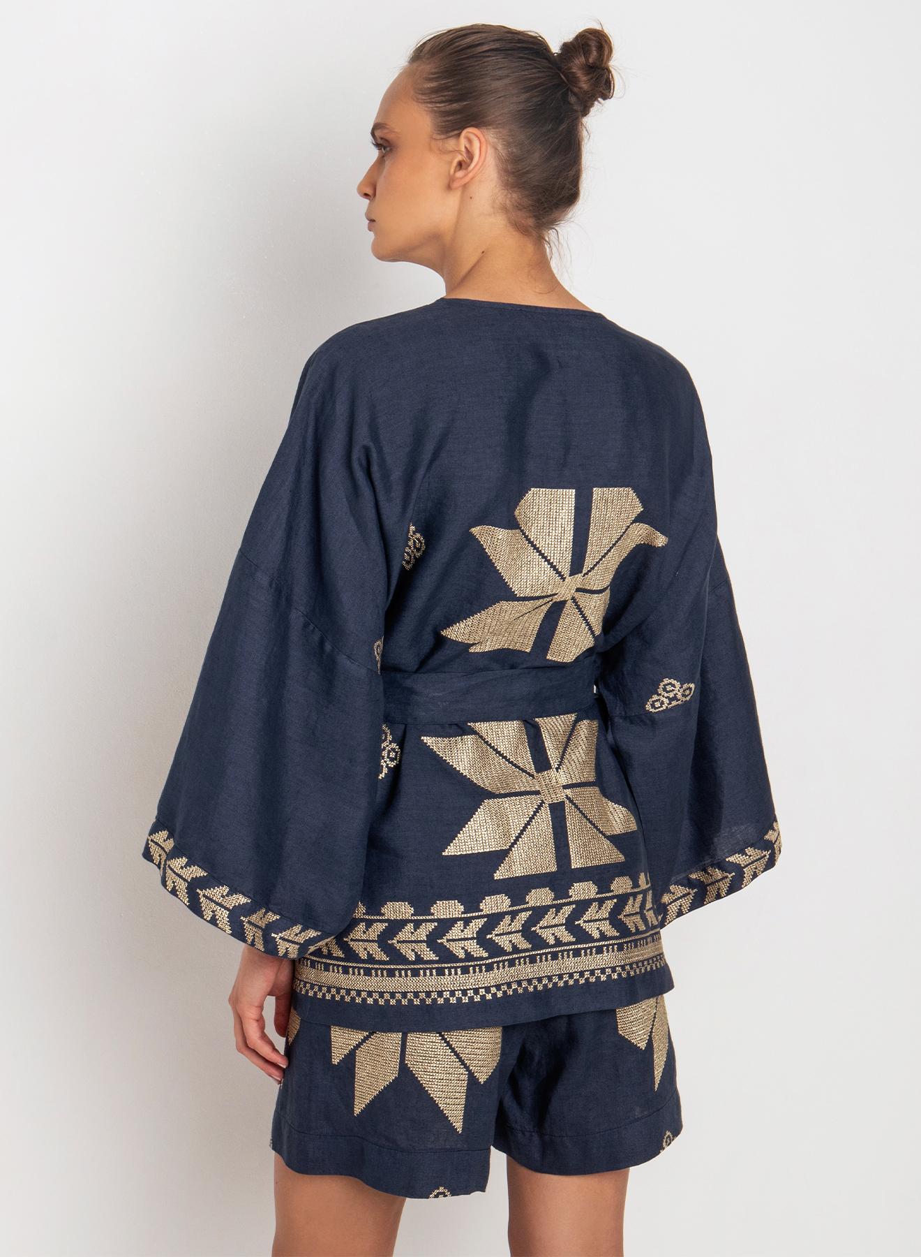 Navy Blue-Gold linen Kimono AEOLIS Greek Archaic Kori - 3