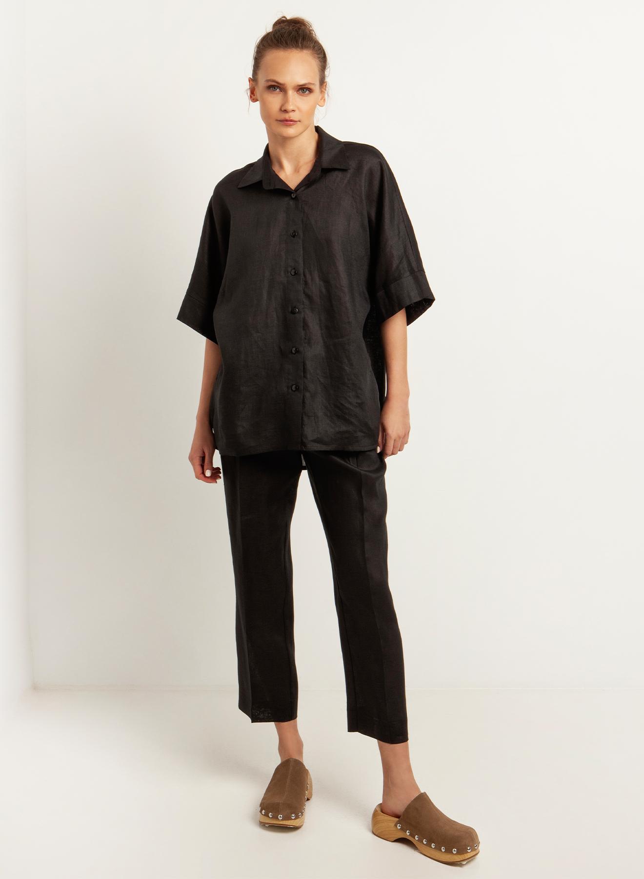  Black Linen Shirt with elbow sleeves in a relaxed fit Greek Archaic Kori - 2