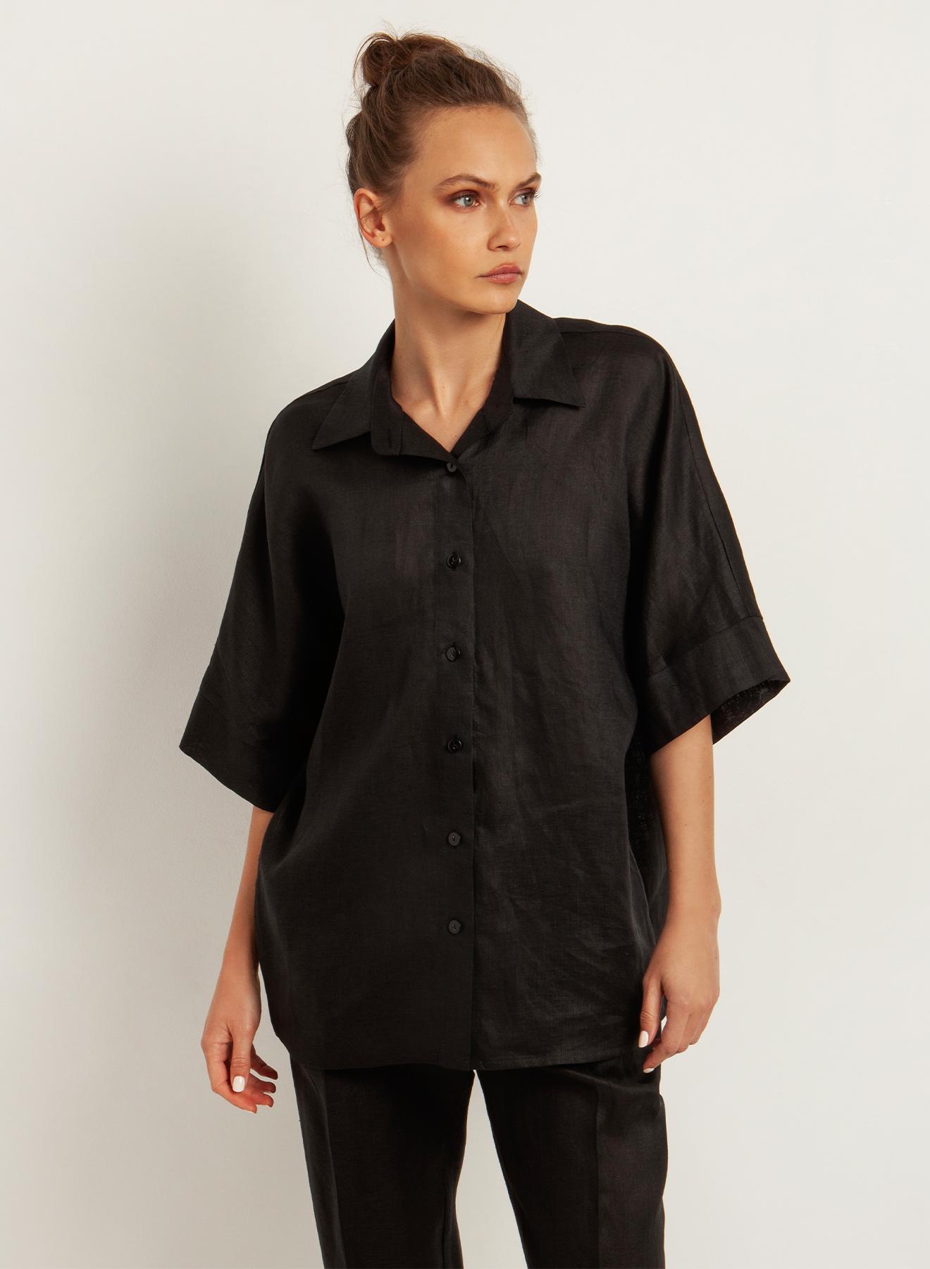  Black Linen Shirt with elbow sleeves in a relaxed fit Greek Archaic Kori - 1