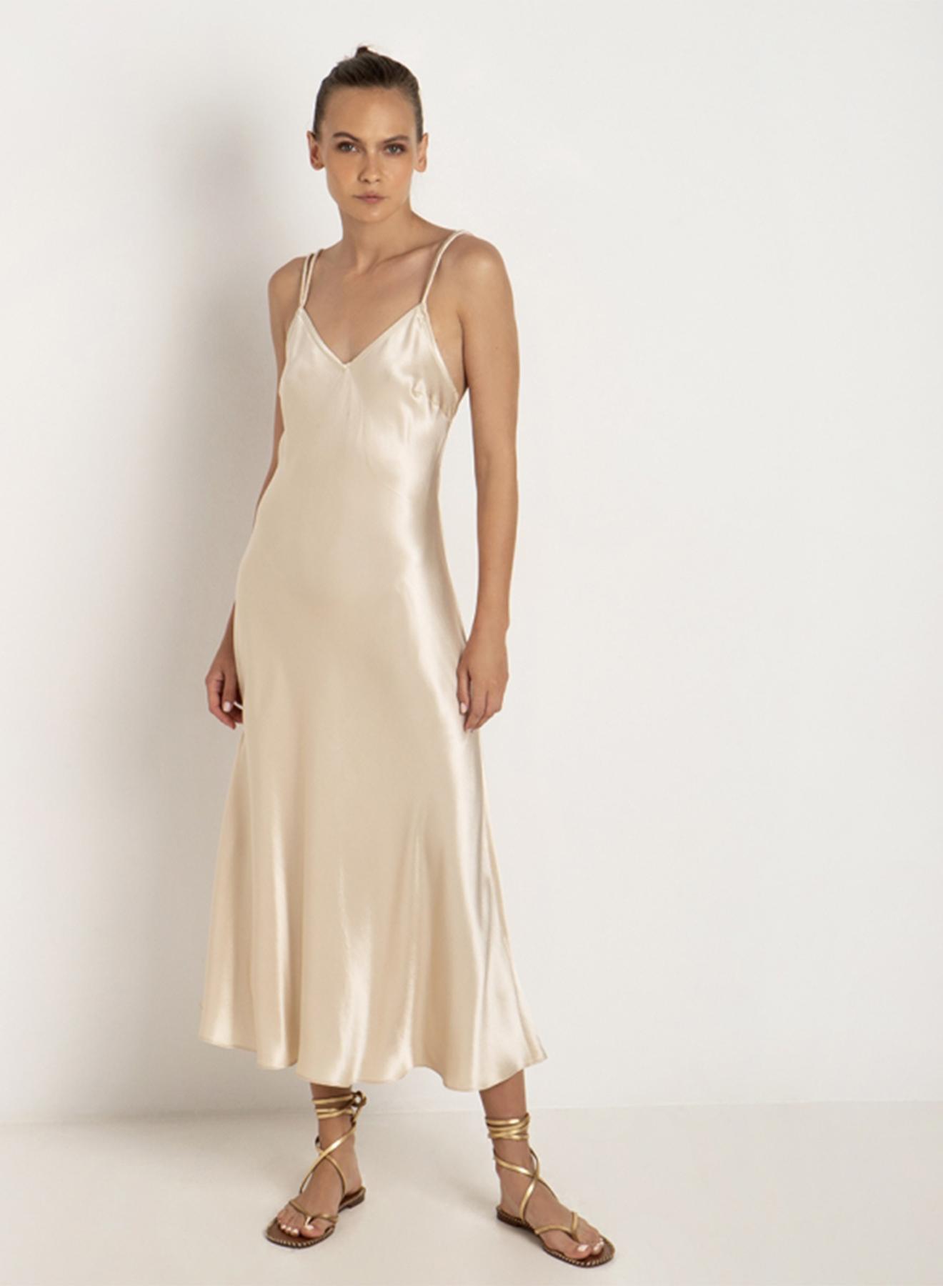 Champagne long silky touch Dress with straps Greek Archaic Kori - 1