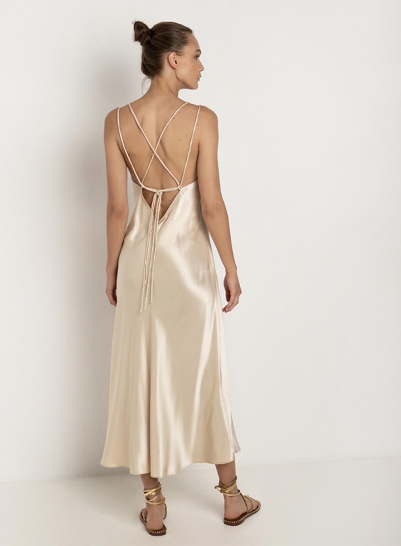 Champagne long silky touch Dress with straps Greek Archaic Kori - 3