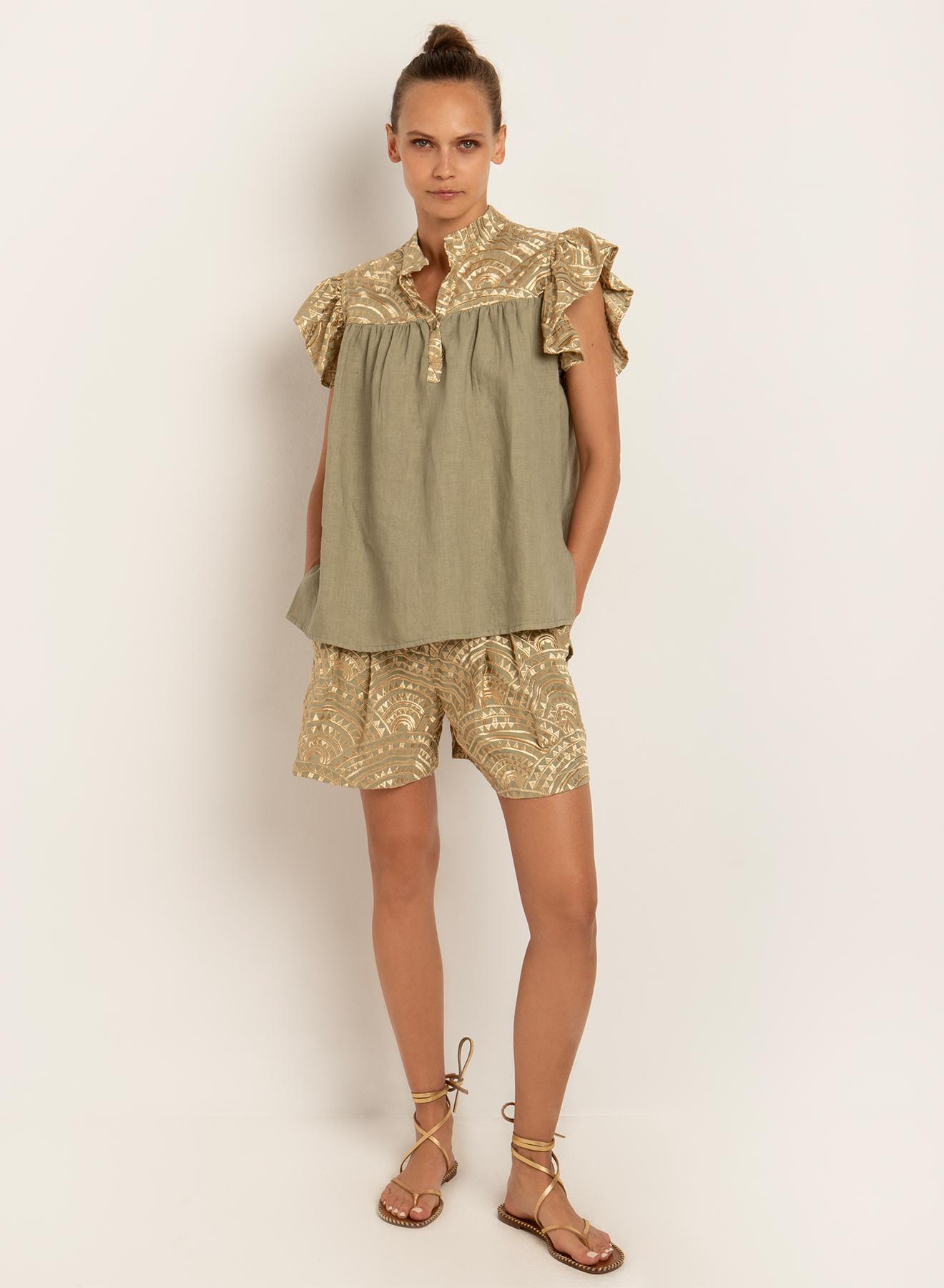 Tea-Gold new All Over sleeveless Linen Blouse with Mao collar Greek Archaic Kori - 2