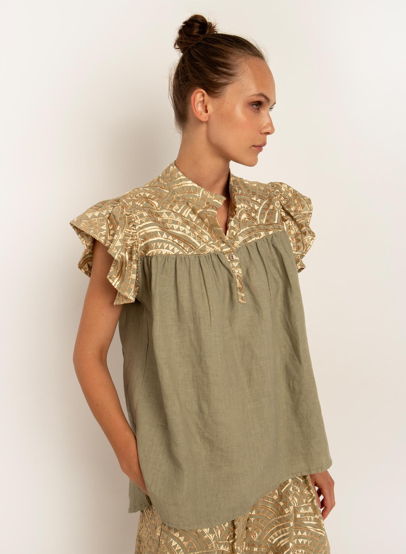 Tea-Gold new All Over sleeveless Linen Blouse with Mao collar Greek Archaic Kori - 1