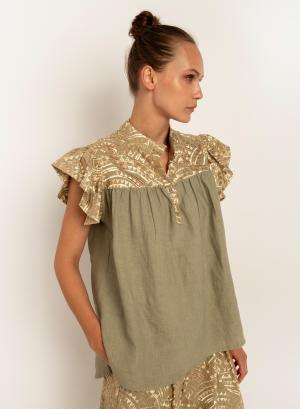 Tea-Gold new All Over sleeveless Linen Blouse with Mao collar Greek Archaic Kori - 26909