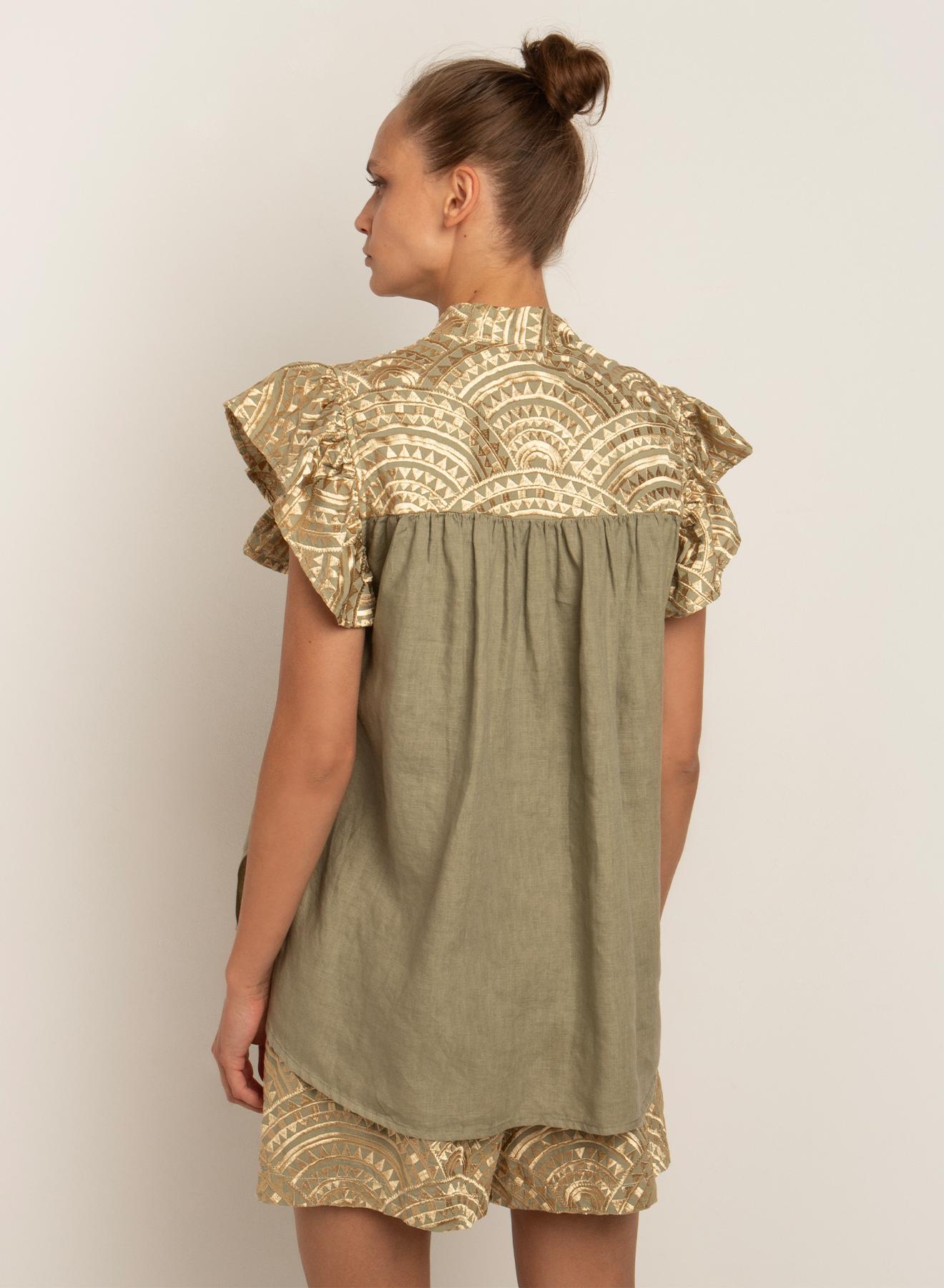 Tea-Gold new All Over sleeveless Linen Blouse with Mao collar Greek Archaic Kori - 4