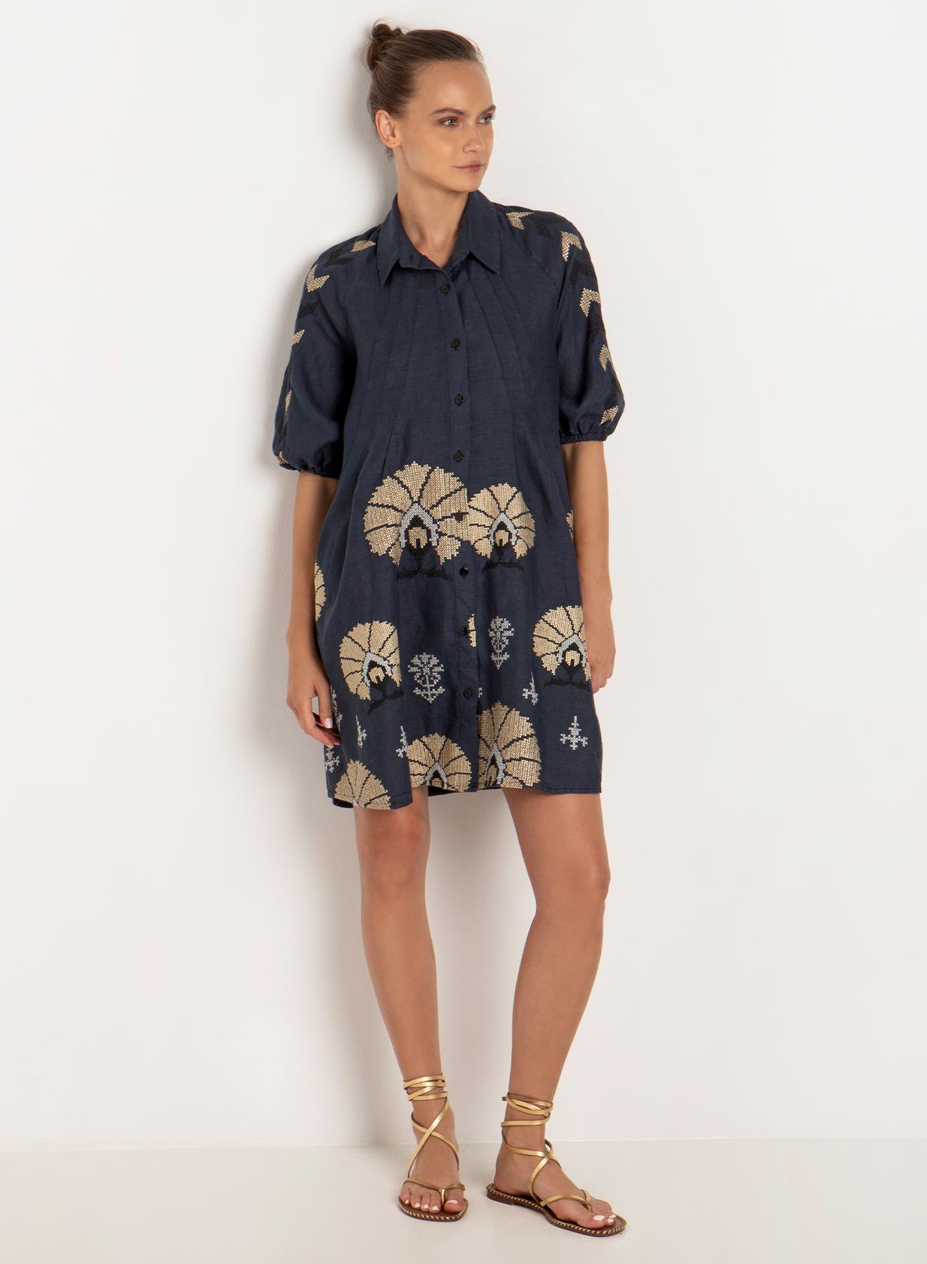 Navy Blue-Gold linen short chemisier Dress peacocks Greek Archaic Kori - 1