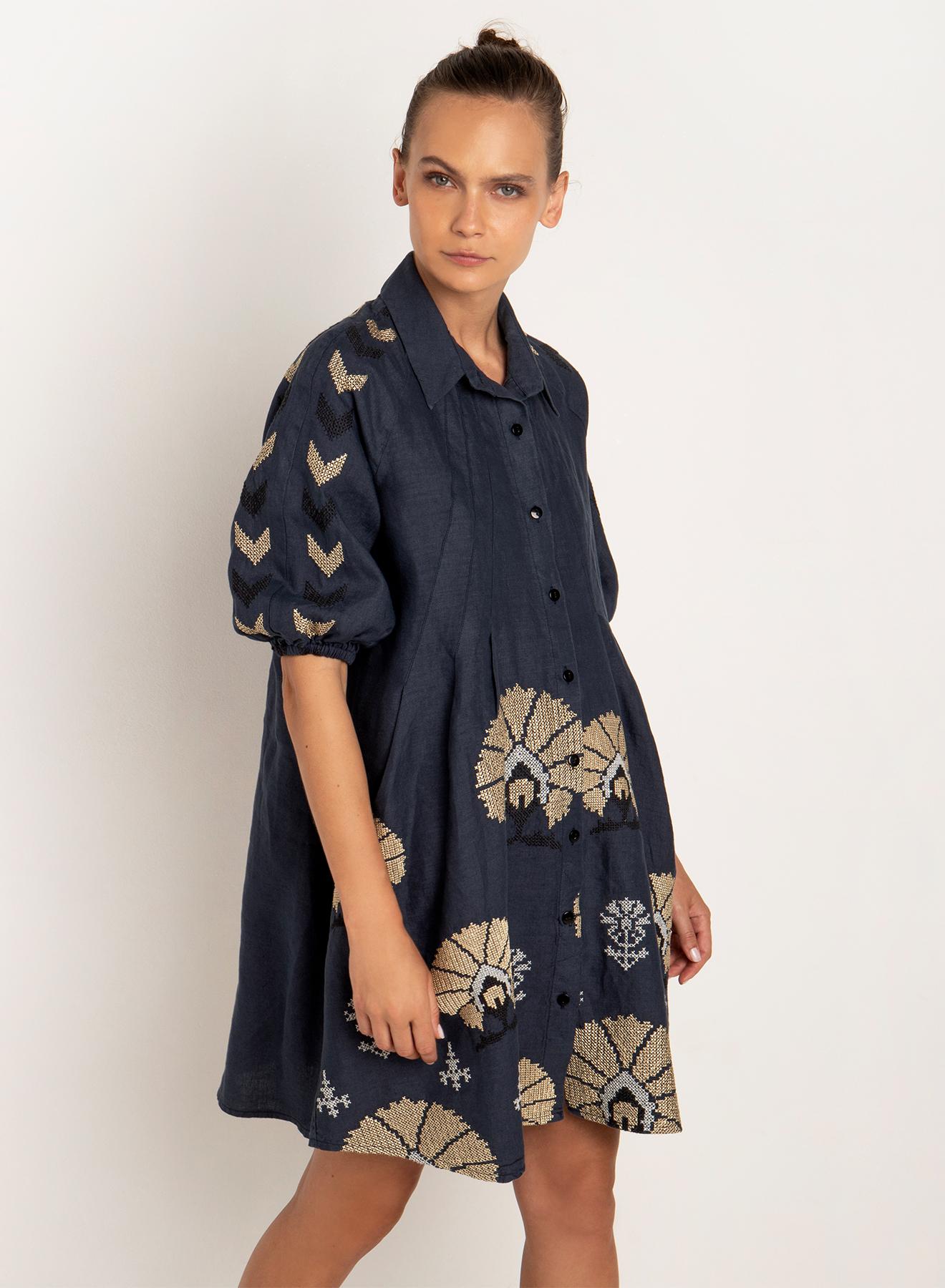 Navy Blue-Gold linen short chemisier Dress peacocks Greek Archaic Kori - 2