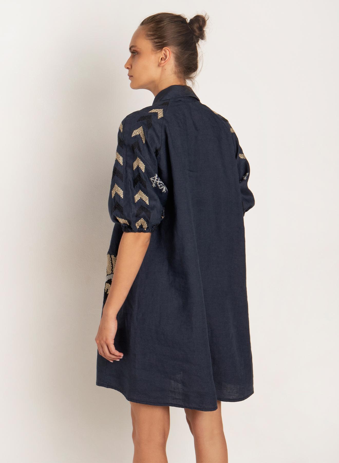 Navy Blue-Gold linen short chemisier Dress peacocks Greek Archaic Kori - 3