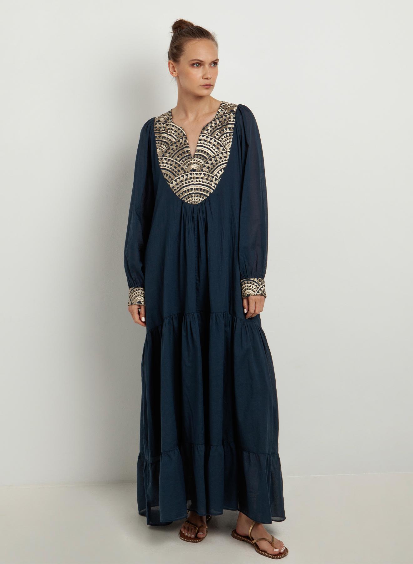 Navy blue-Gold long new All Over Dress with long sleeves Greek Archaic Kori - 1