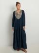 Navy blue-Gold long new All Over Dress with long sleeves Greek Archaic Kori - 0