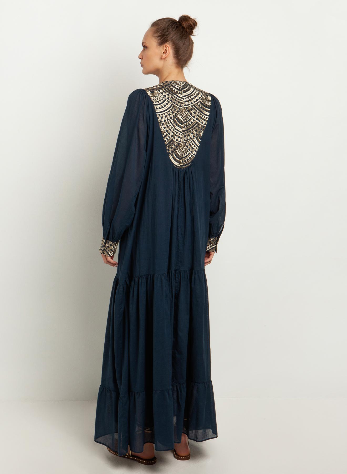 Navy blue-Gold long new All Over Dress with long sleeves Greek Archaic Kori - 3